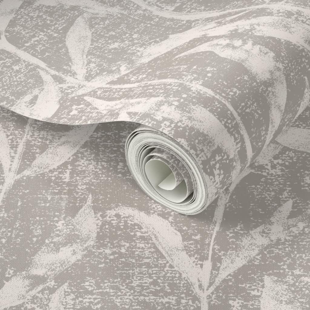 Peel & Stick Wallpaper 9ft x 2ft - Farmhouse Leaves Gray Cream Vines Nature Neutral Custom Removable Wallpaper by Spoonflower
