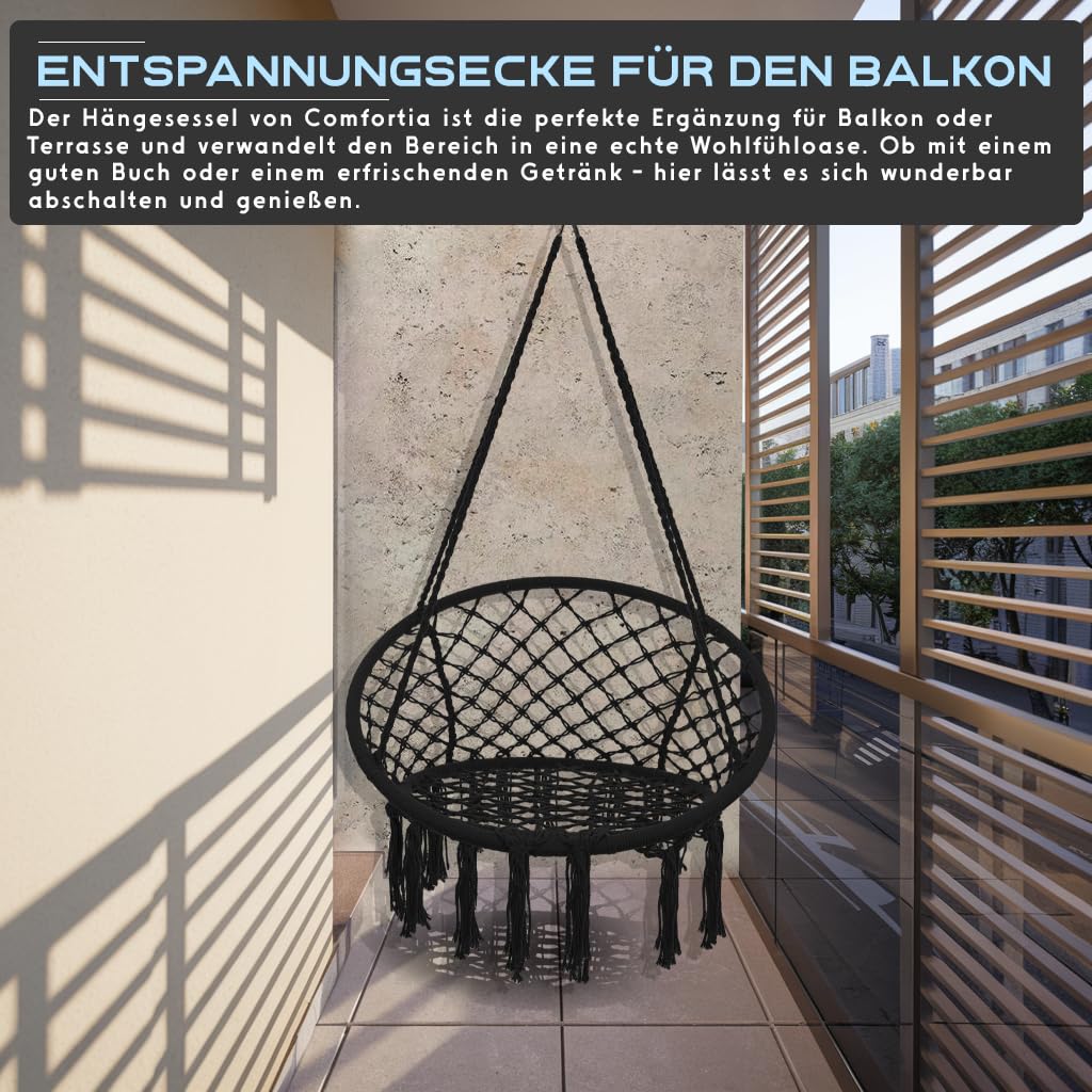 Hängesessel 200kg zum Aufhängen | Schaukelkorb | Hängekorb wetterfest | Hängestuhl Indoor & Outdoor (Schwarz)