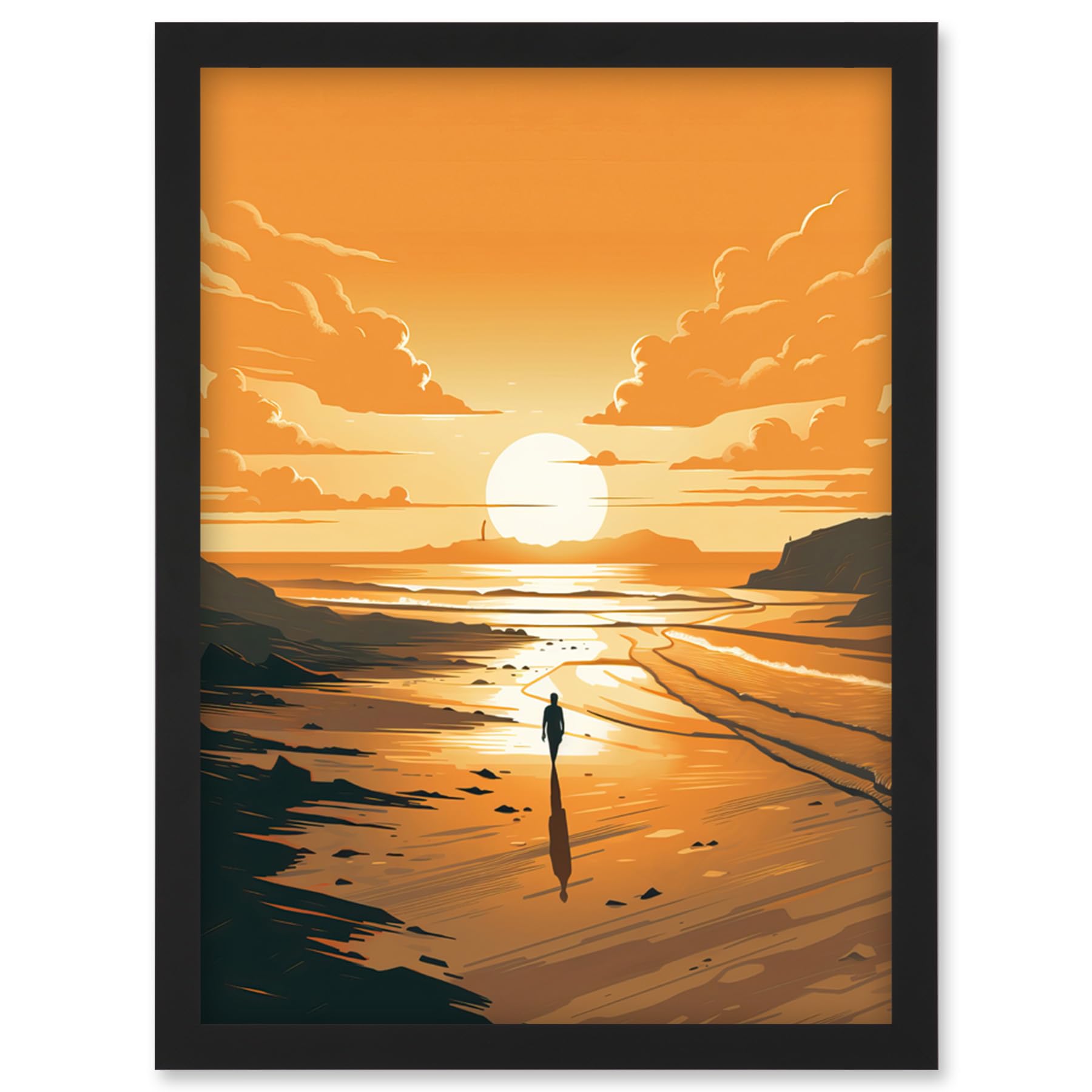 Artery8 Walk into the Sunset Sand Beach Coastal Landscape Artwork Framed Wall Art Print A4