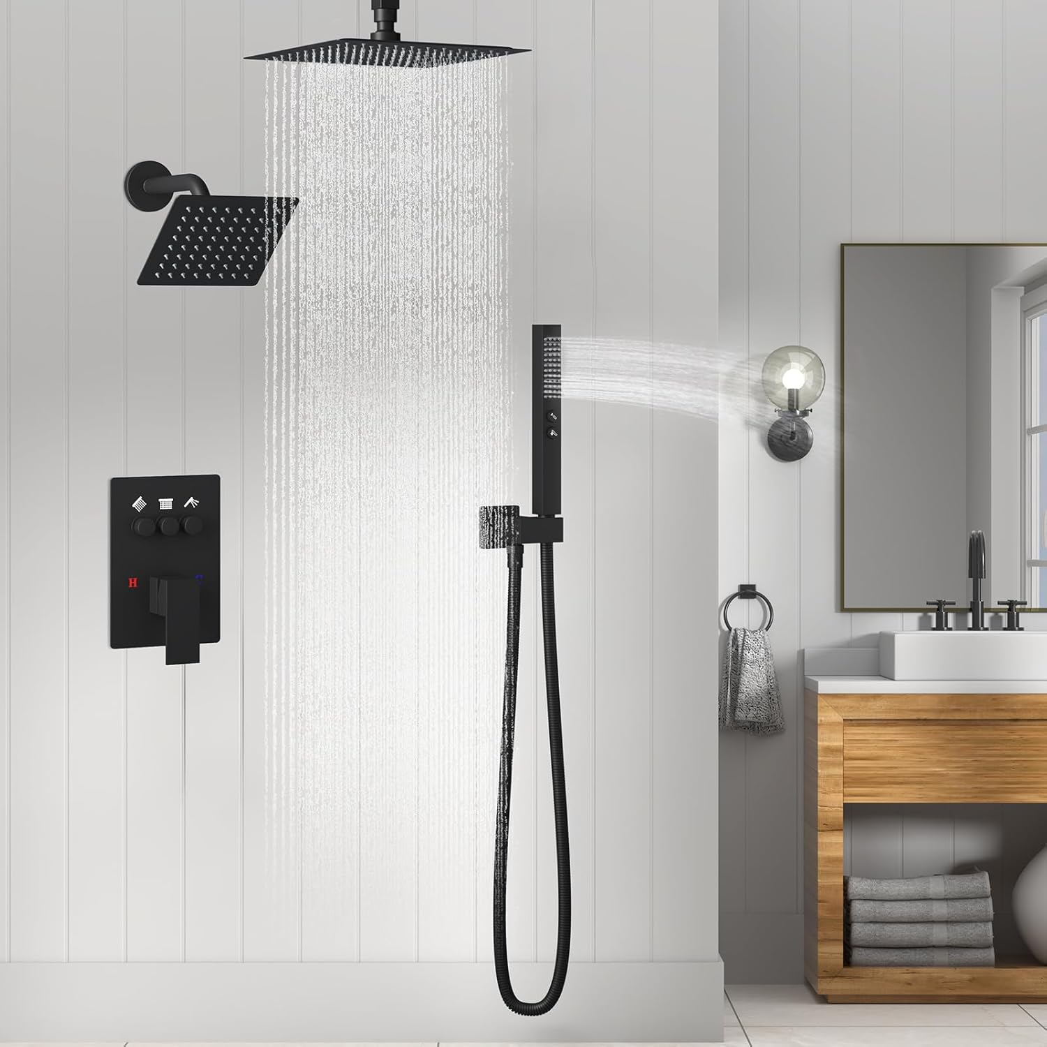 Shower Faucet Set Matte Black Shower System, 3 Modes Shower Faucet Trim Kit with 6 Inch Wall Mount Shower Head and 10 Inch Ceiling Mount Shower Head and 2 in 1 Handheld Shower