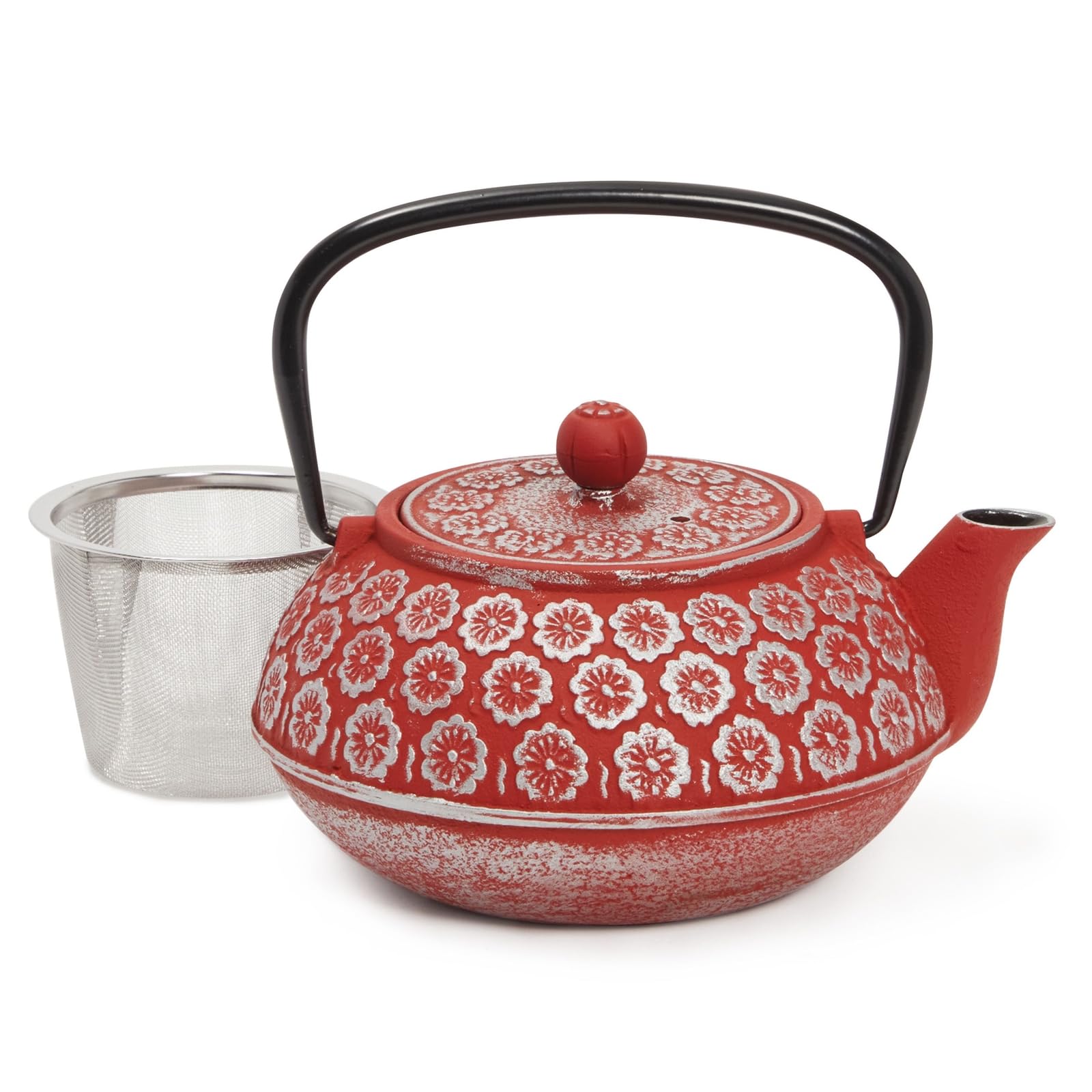 Juvale Red Floral Cast Iron Teapot