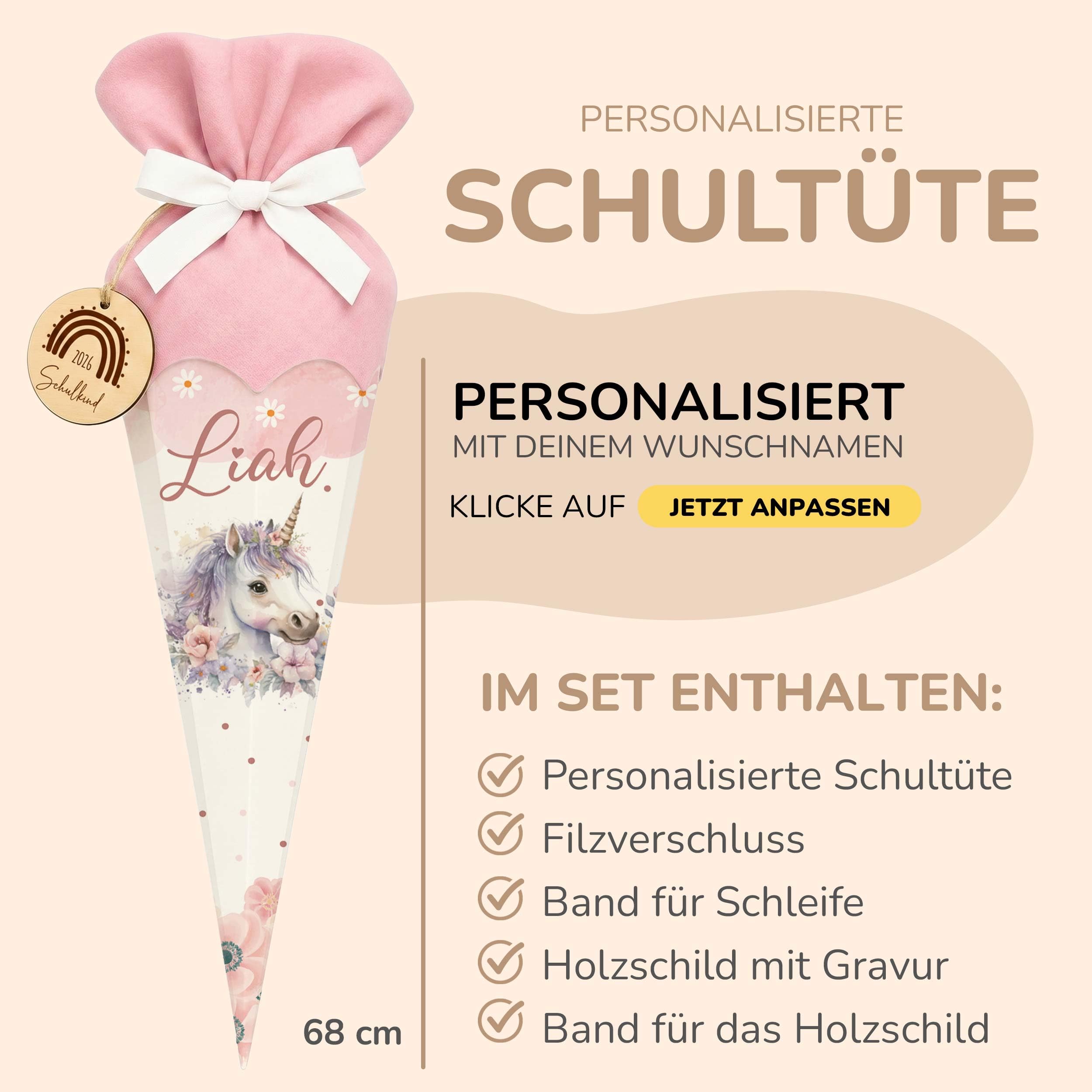 Personalisierte Schultüte mit Filz-Stoff & Holzschild, Zuckertüte zur Einschulung Mädchen Jungen 2026 - Einhorn Rosa
