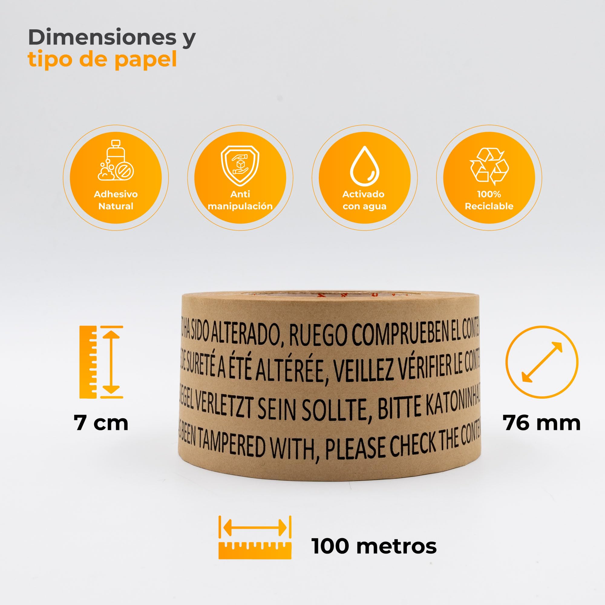Caja Profesional de 24 Rollos de Cinta de Papel Kraft Engomada Activada por Agua, 70 mm x 100 m, Precinto de Seguridad Impreso, Adhesivo Vegetal, Mandril de 76 mm