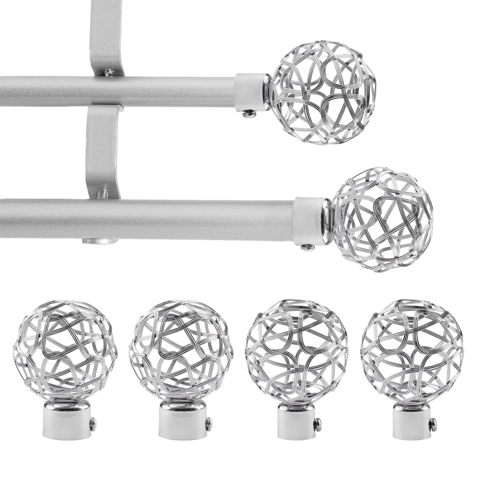 UFURMATE Double Curtain Rod Finials, 2 Sets/4Pcs Window Treatment Head Caps for 1 Inch Front and 5/8 Inch Back Double Drapery Rods Metal Curtain Rod Pole Ends (Silver Hollow)