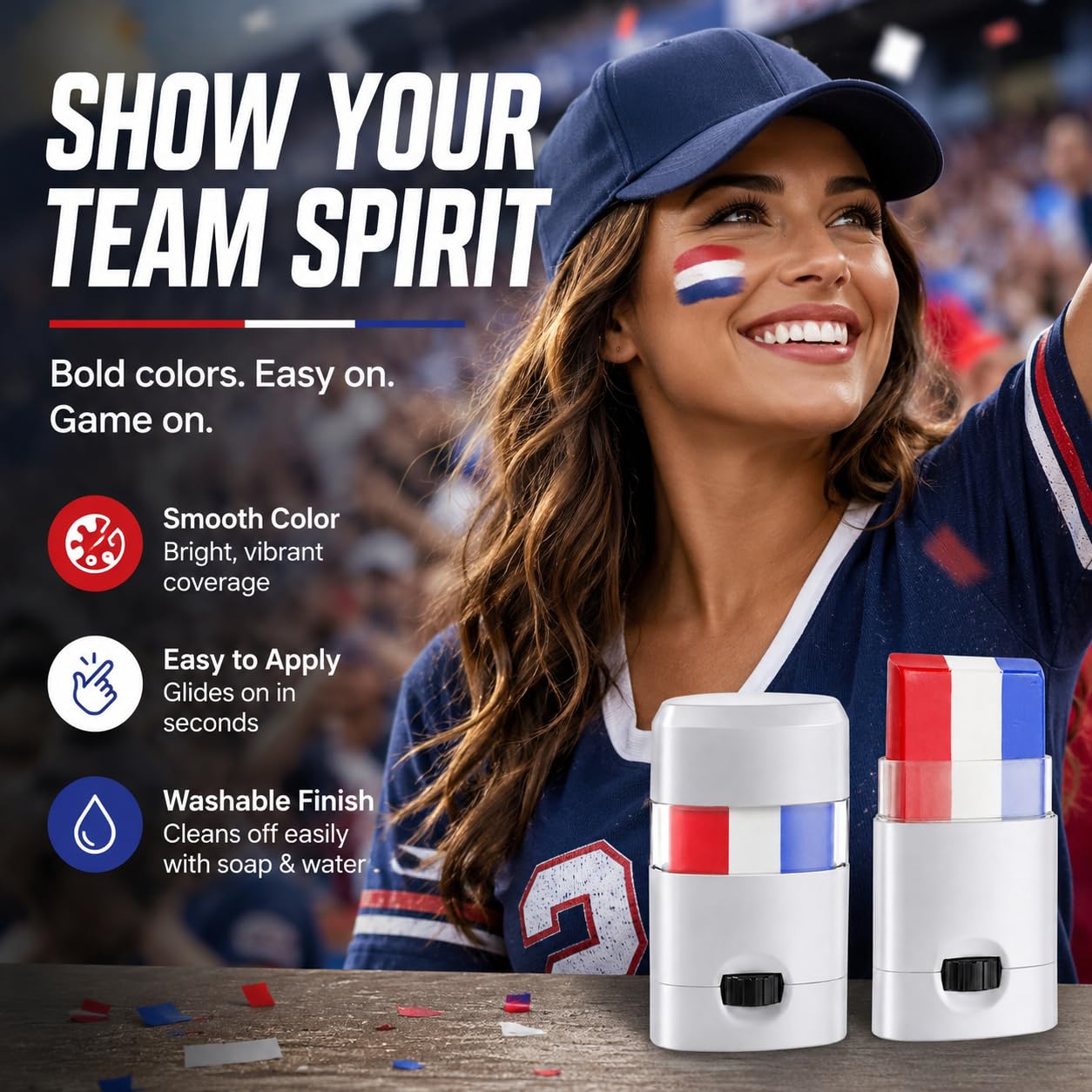 3-Color Face Paint Stick, Red White Blue Twist-Up Face and Body Paint for Sports Events,5pack Game Day Fan Makeup, Festivals, Parties, Easy to Apply and Wash Off