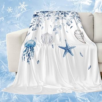 Ocean Cooling Blankets for Hot Sleepers Jellyfish Starfish Shells Blue Leaf Summer Ocean Cooling Comforter Breathable Double Side Cool Lightweight Blanket for Bed Couch Sofa 60" x 80"