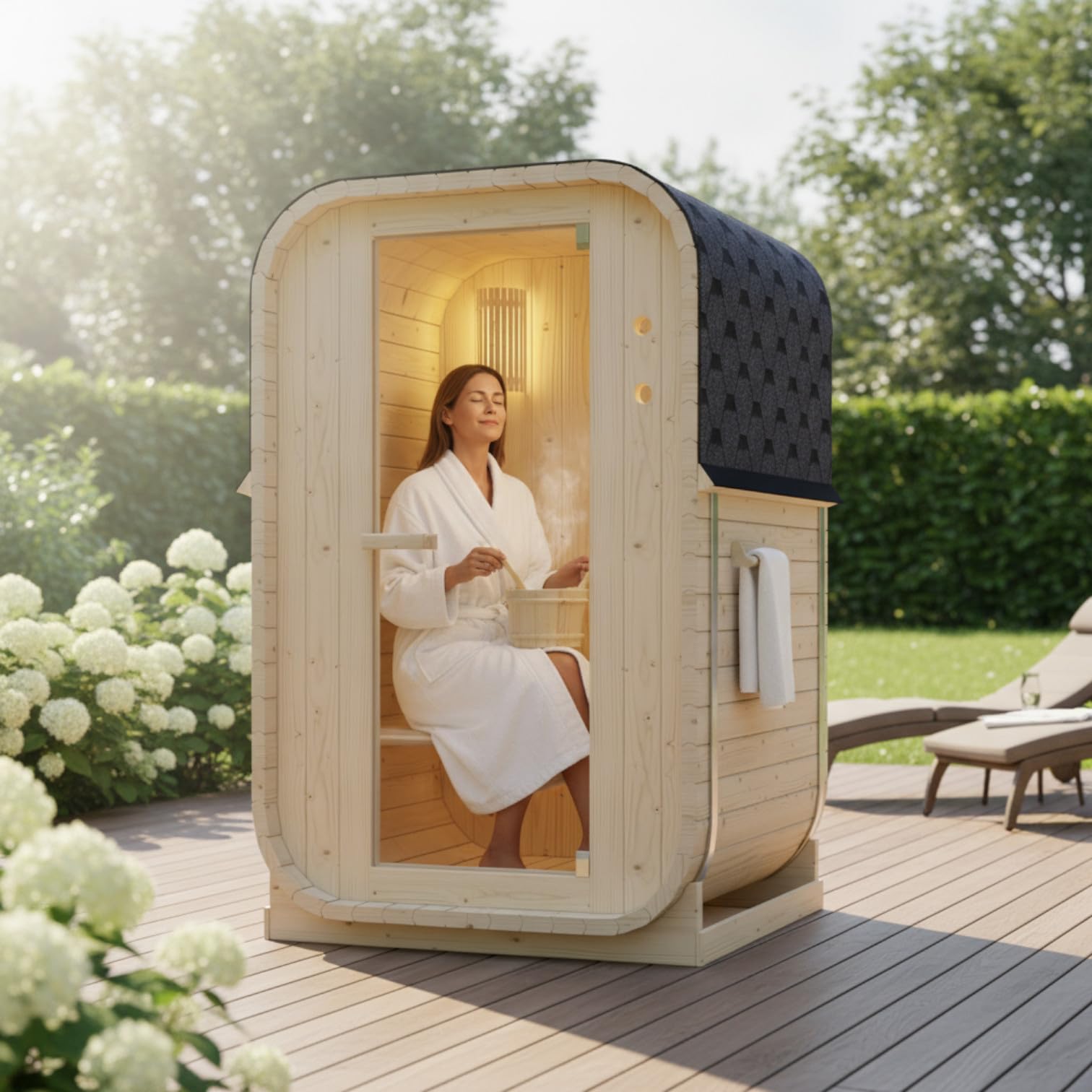 WELCON Easyheat Solo Outdoor - Sauna de barril para exteriores (120 x 120 x 194 cm, madera de abeto, 230 V, 3,6 kW, horno eléctrico, 1-2 personas, con piedras para sauna y cubo de infusión)