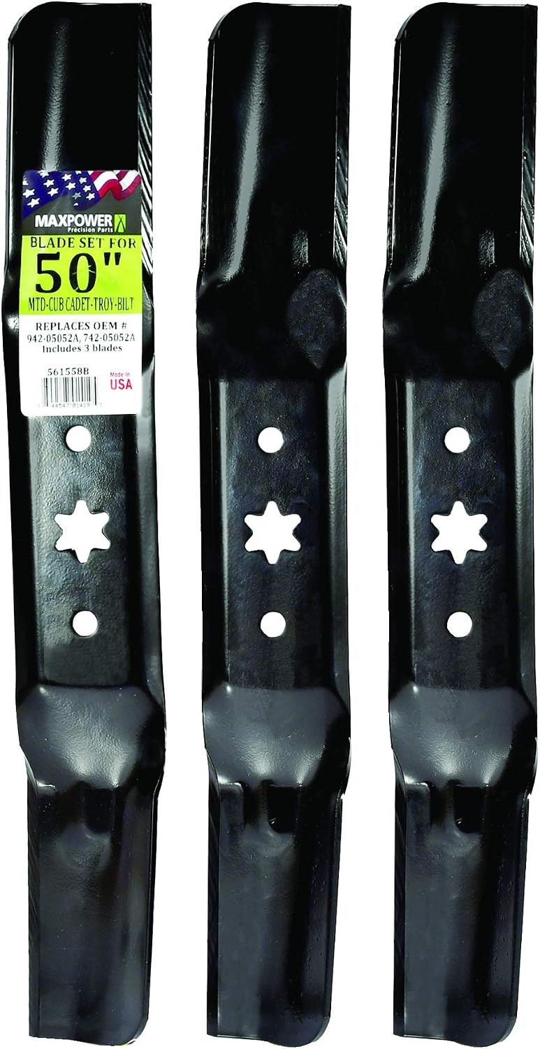 MaxPower 561558B 3 Blade Set for 50” Cut MTD, Cub Cadet, Troy-Bilt, Replaces OEM no. 942-05052A, 742-05052A, Black