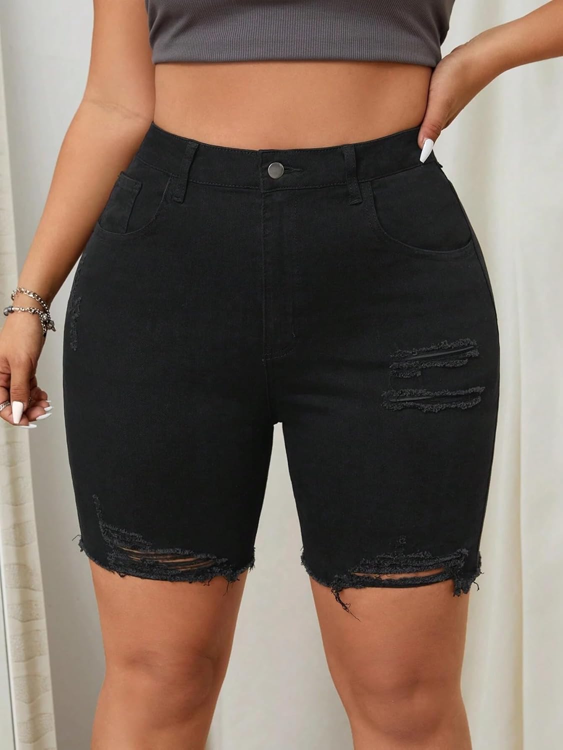 Women's Distressed Denim Bermuda Shorts, High Waist, Black, Ripped - Image 5
