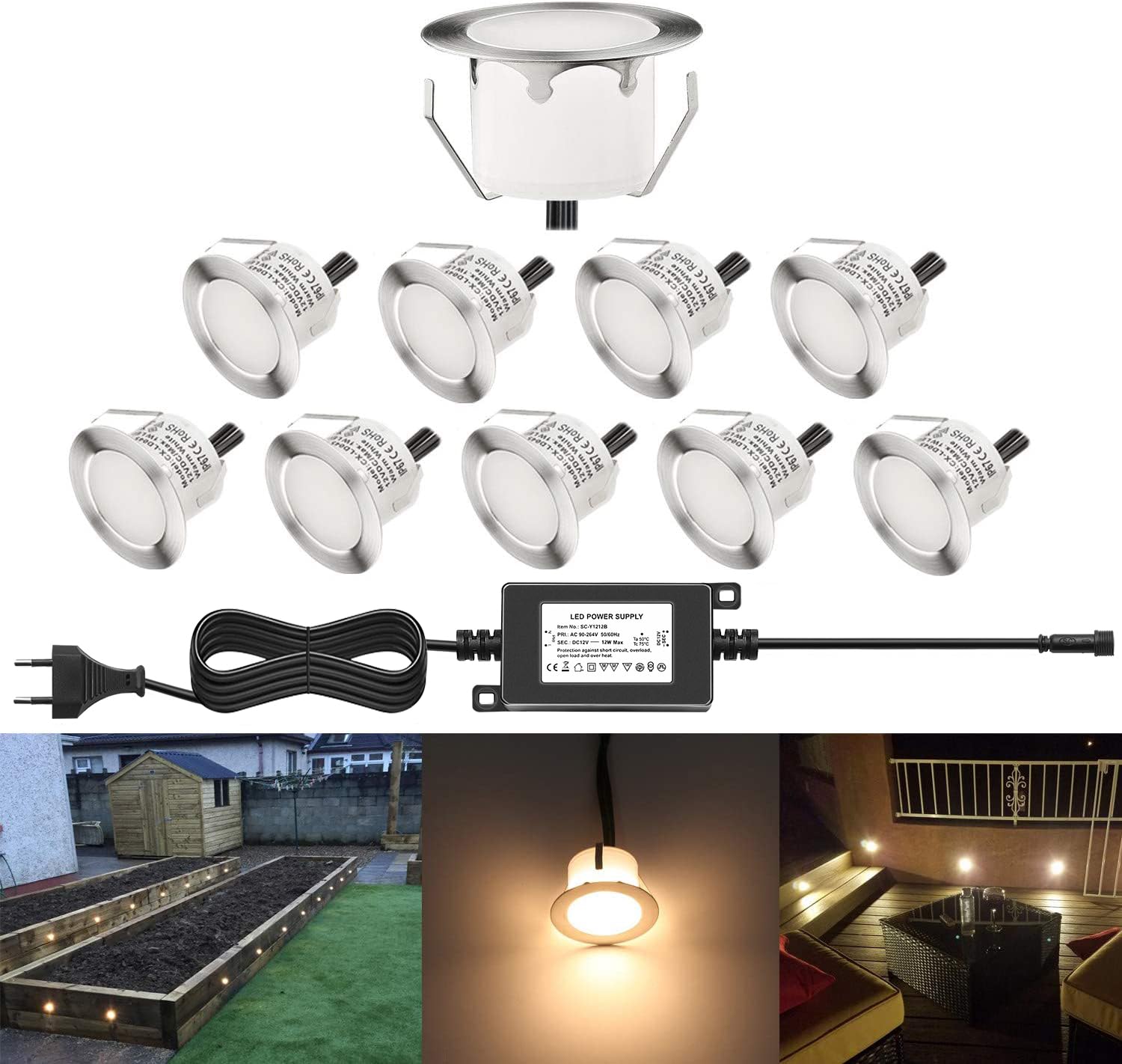 10er Mini LED Terrassen Einbaustrahler Außen, 12V 1W Warmweiß