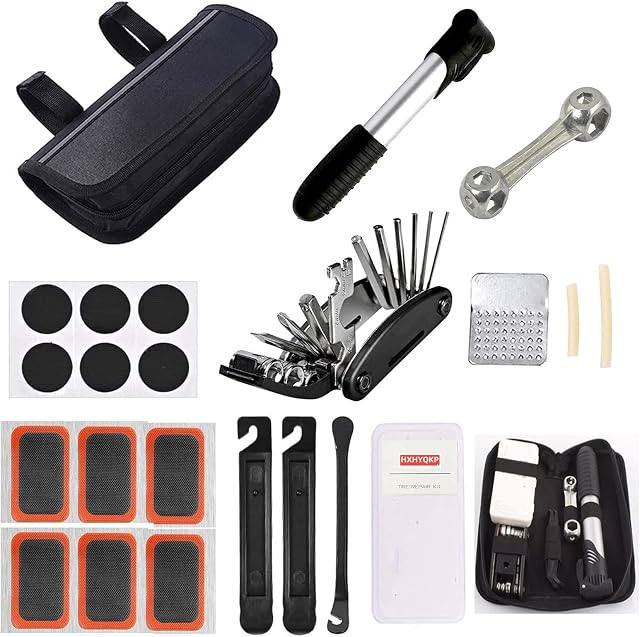 HXHYQKP Portable Bike Repair Kit Saddle Bag, Bike Tire Repair Tool Kit Contains 16-in-1 Multi-Function Tool, Mini Bicycle Pump, Bicycle Tire Patch Kit, Used for Mountain Bike and Road Bike