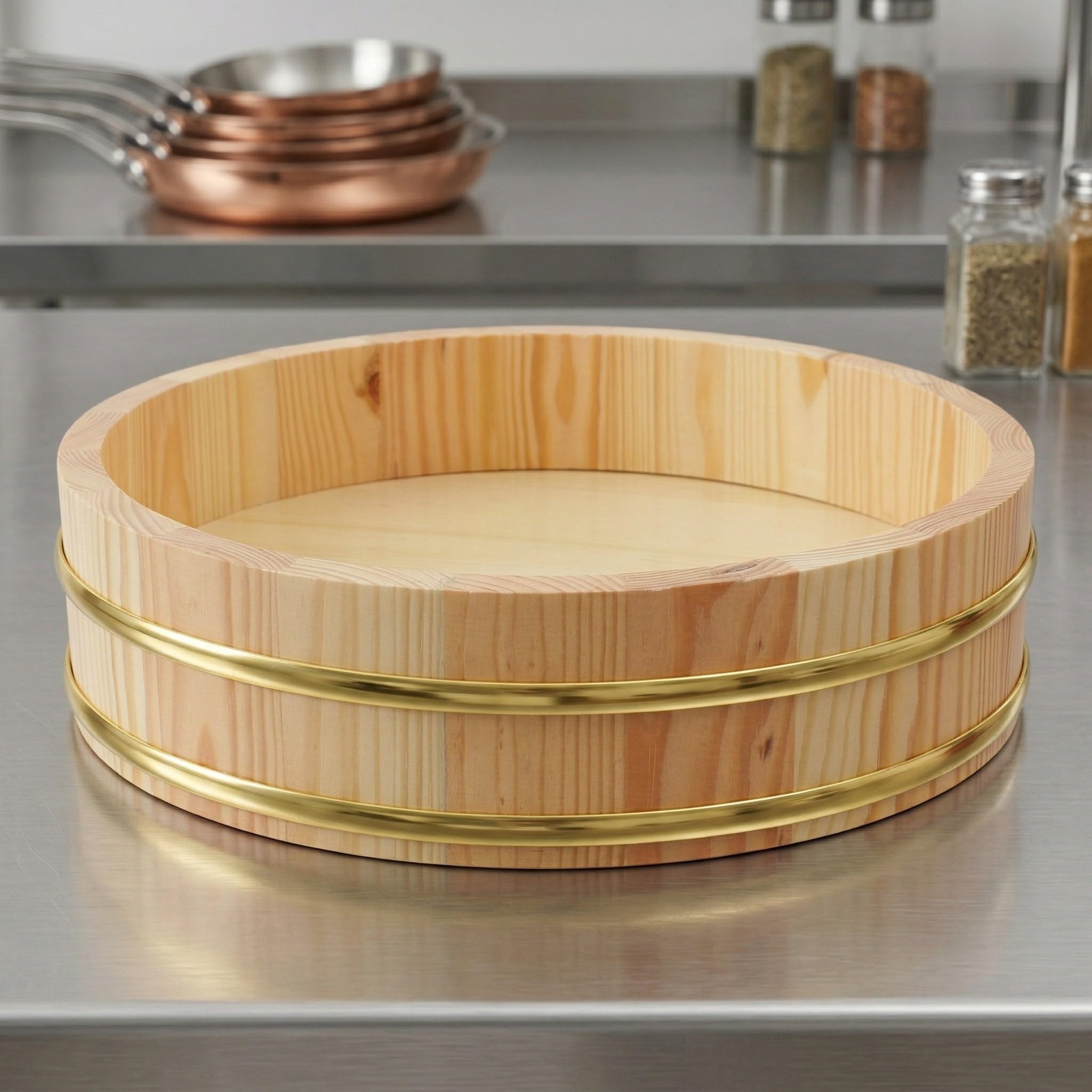 IMIKEYA Bol à Riz à Sushi en Bois avec Bord Doré Élégant, Lot de 2 Pièces, Solide Renforcé Texture Optimale du Riz, pour Service de Sushi en Restaurant