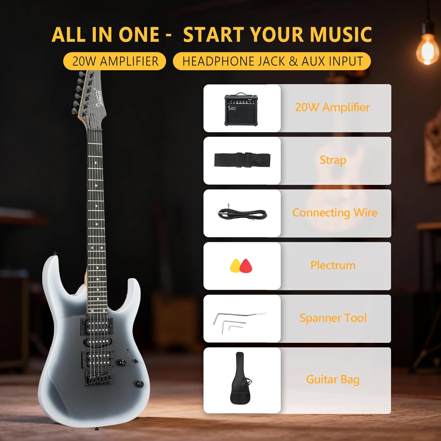GLARRY 39" Full Size Electric Guitar Kit for Beginners, Starter Electric Guitar Set with 20W Amp & HSH Pickups, Model 170 (Black-White)