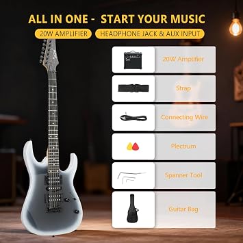 GLARRY 39 Full Size Electric Guitar Kit for Beginners, Starter Electric Guitar Set with 20W Amp & HSH Pickups, Model 170 (Black-White)