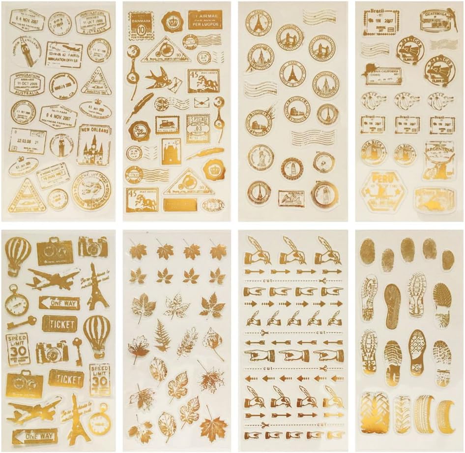 8 Sheets Glitter Gold Vintage Theme Self Adhesive Travel Diary Journaling Postmark Gift Decorative Stickers
