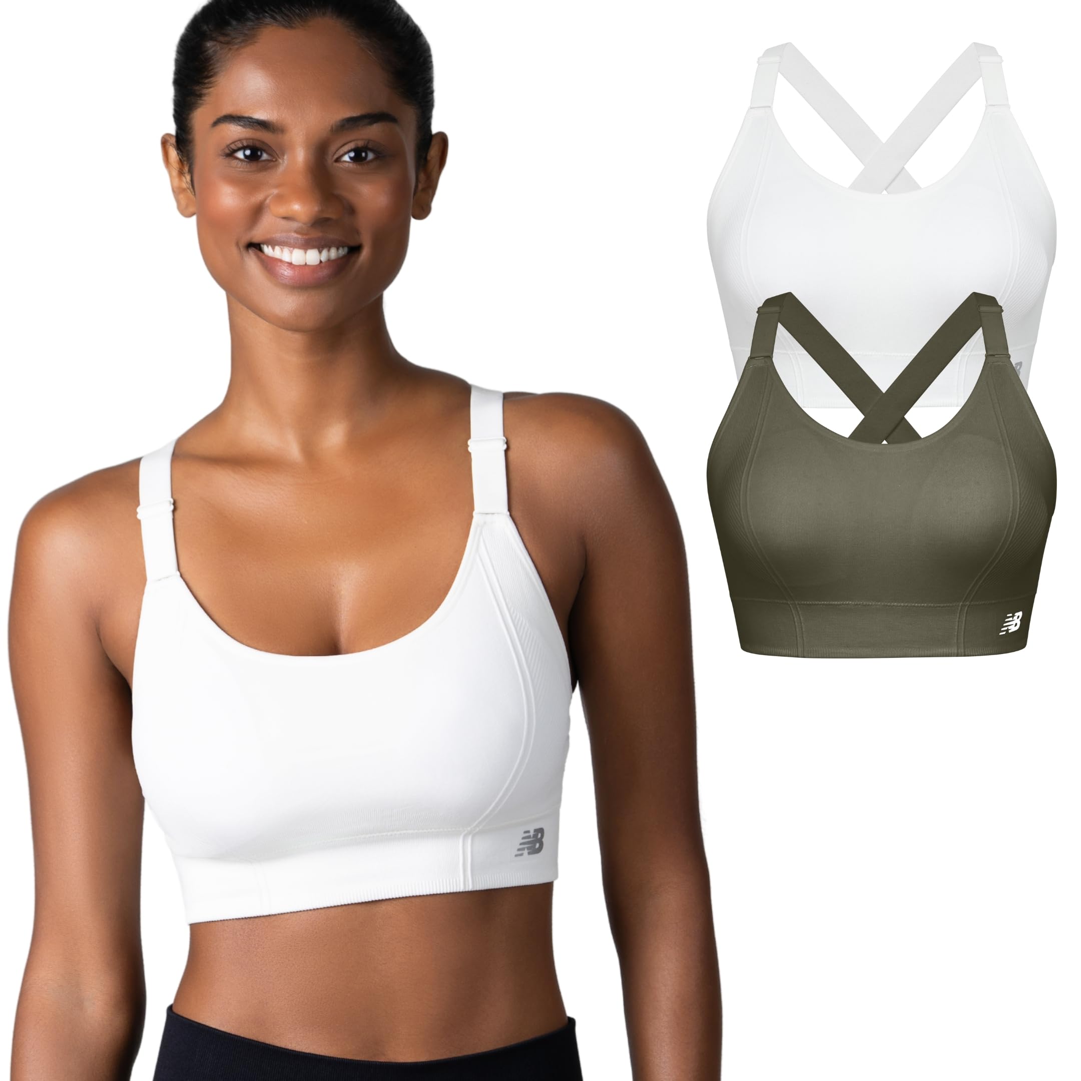 New Balance 2 Pack Ladies Sports Bra, Sostén Deportivo, Adjustable Straps, Seamless Wirefree, Sea Salt/Dark Olive, S