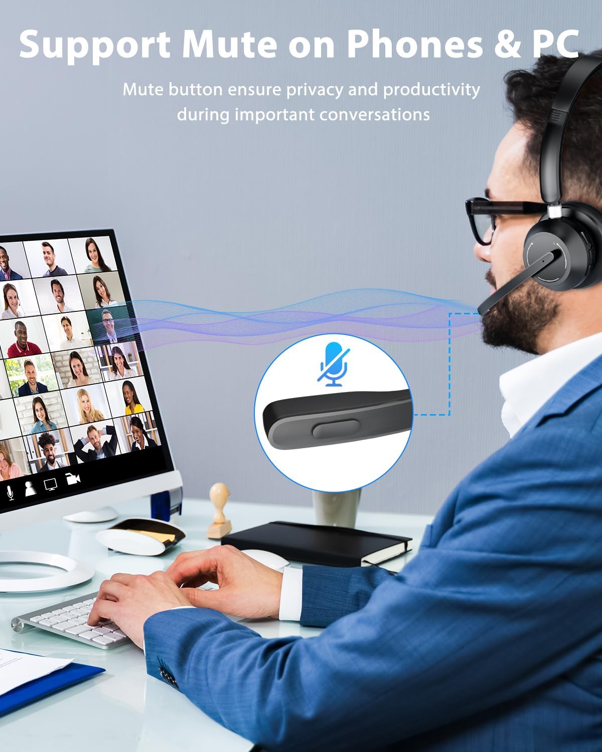 Wireless Headset with Mic for Work, Bluetooth 5.1 Headphones with Noise Canceling Microphone, USB Dongle, 45H Playtime, Clear Calls & Mic Mute for PC, Laptop, Call Center, Teams, Black