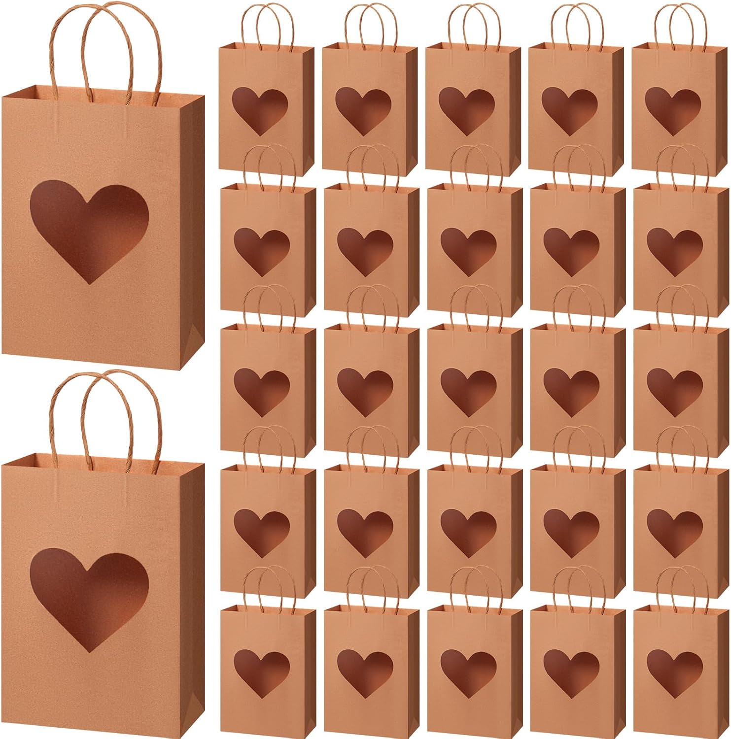 Eersida 48 Pcs Valentine's Day Gifts Bags with Heart Window Kraft Brown Paper Goodie Bag Bulk Holiday Candy Treat Wrapping with Handle for Galentines Wedding Birthday Party Supplies, 8.3"x5.9"x3.2"