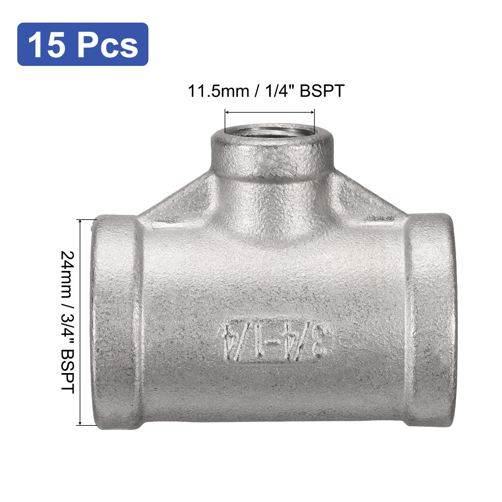uxcell Acoplador de conector hembra de 3 vías en forma de T de acero inoxidable 304 BSPT x 1/4 BSPT x 3/4 BSPT hembra en forma de T de 3 vías
