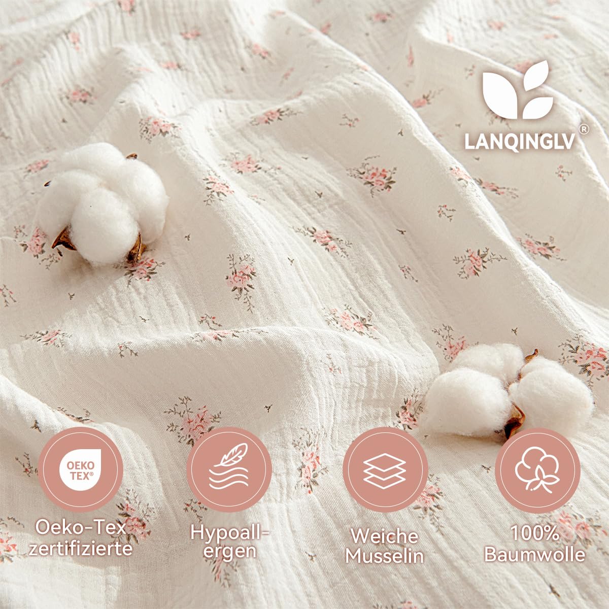 Lanqinglv Musselin Bettwäsche 135x200 Baumwolle Rosa Blumen,Leinenoptik | ÖKO-TEX Zertifiziert,für Allergiker,4 Jahreszeiten Set,Atmungsaktiv Bettbezug 1 Kissenbezüge 80x80 mit Reißverschluss