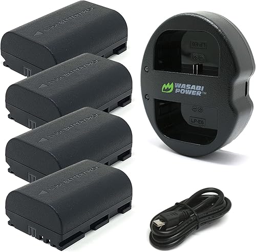 Wasabi Power Batería LP-E6, LP-E6N (paquete de 4) y cargador USB dual para Canon EOS 5D II/III/IV, 5DS, 5DS R, 6D, 6D Mark II, 7D, 7D Mark II, 70D,