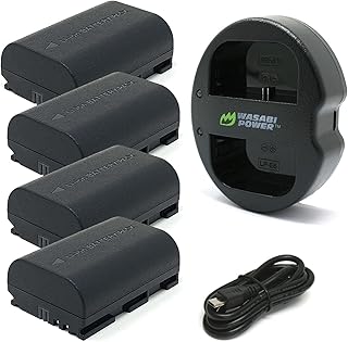 Wasabi Power LP-E6, LP-E6N Battery (4-Pack) & Dual USB Charger for Canon EOS 5D II/III/IV, 5DS, 5DS R, 6D, 6D Mark II, 7D, 7D Mark II, 70D, 80D, 90D, R, R5, R5C, R6, Ra, XC10, XC15, BMPCC 4K, BMPCC 6K