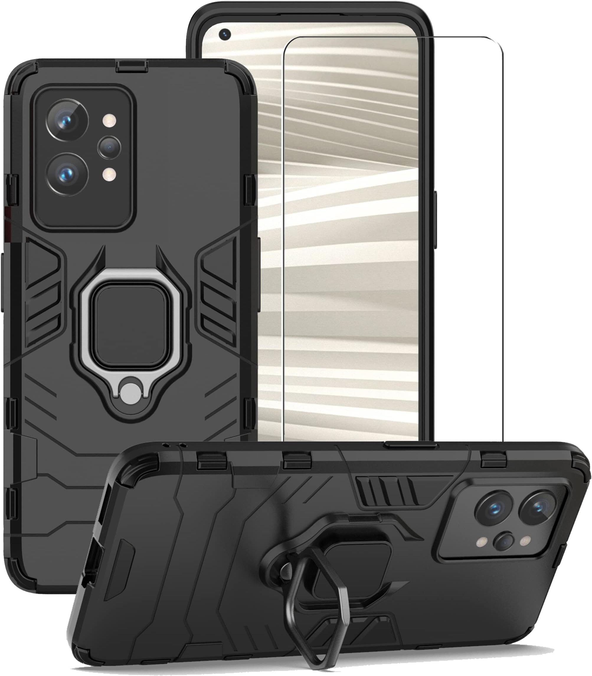 ZMONE for Realme GT2 Pro 5G / Realme GT 2 Pro Case with Glass Screen Protector, Heavy Duty Military Grade Shockproof Protective Cover with Magnetic Ring Kickstand - Black