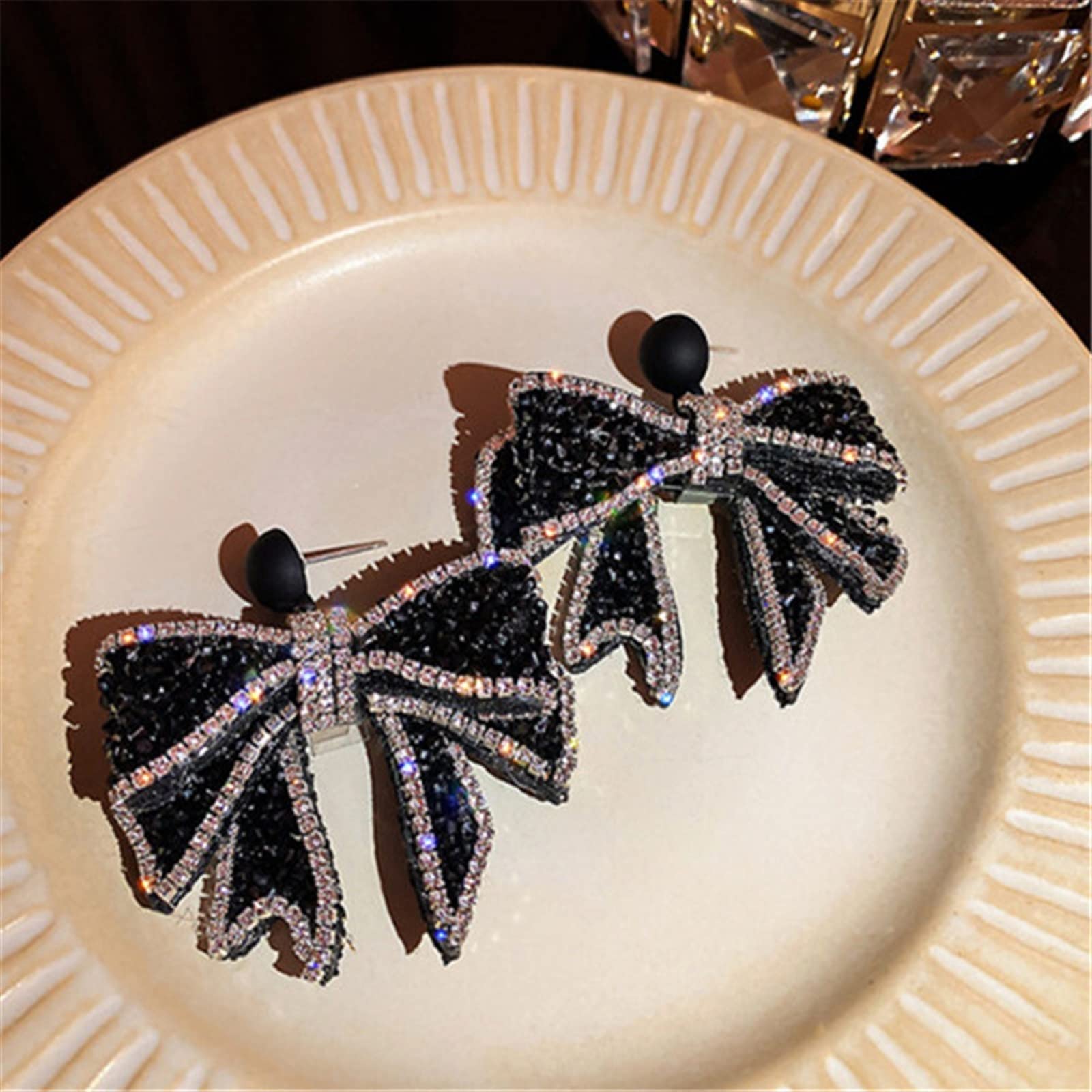 HJMMHX Damen-Ohrringe, koreanischer Stil, Schwarze Schleife, baumelnde Ohrringe für Frauen, Strass-Ohrringe, Hochzeiten, Party, Schmuck, Accessoires, Ohrringe