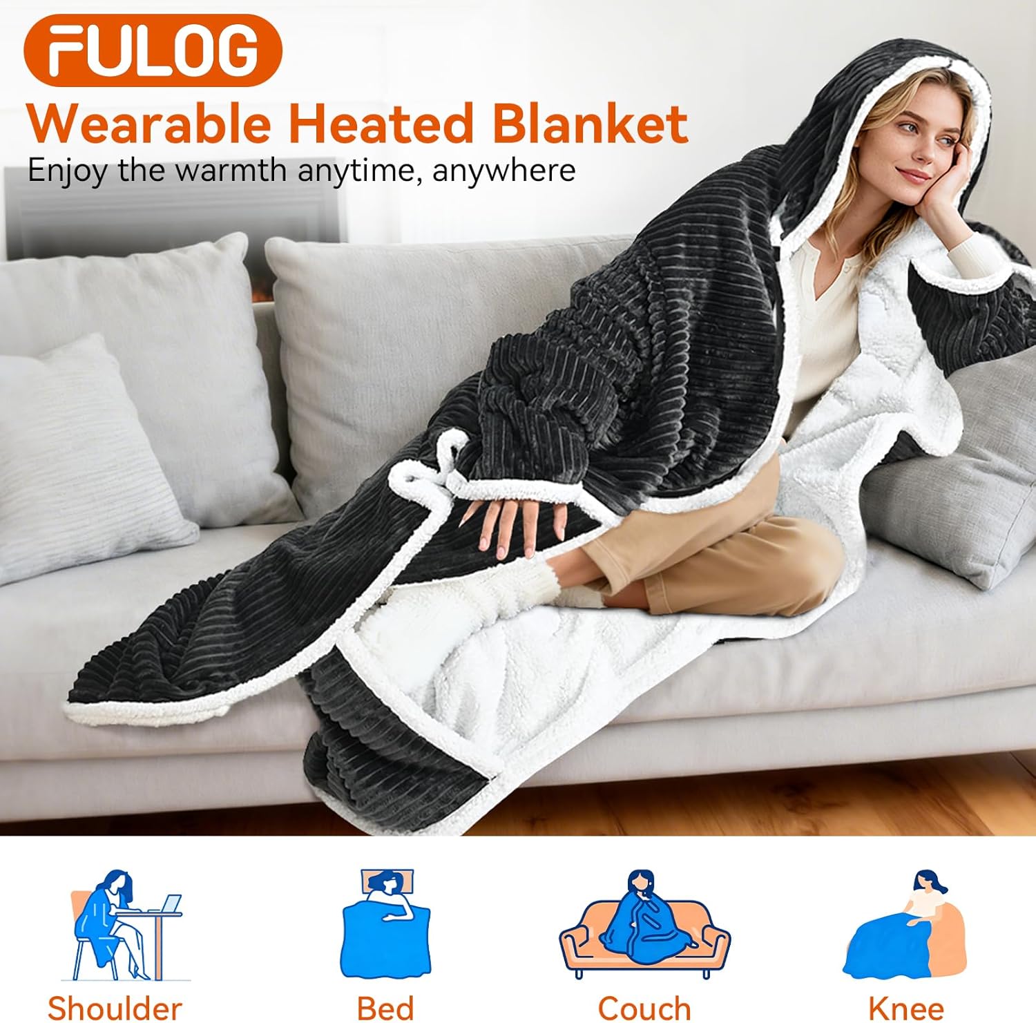 electric wearable blanket with foot pocket, heated throw blankets for women, snuggle shawl wraps with sleeves black