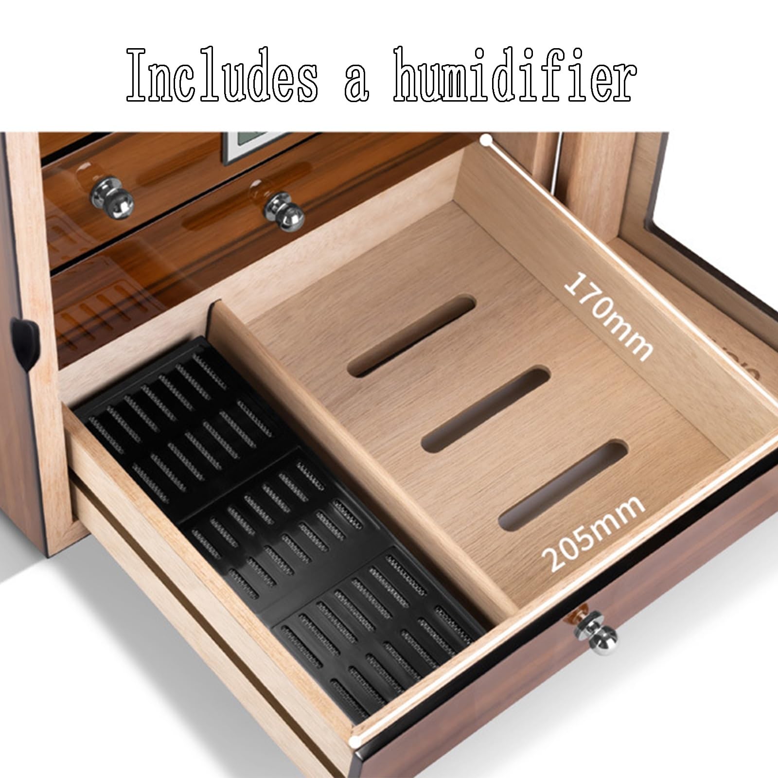 Großer Humidor-Schrank mit Großem Fassungsvermögen, Desktop-Zigarrenkiste mit Aufbewahrungsschublade Digitales Hygrometer、Befeuchter、Trennwand、Glasplatte