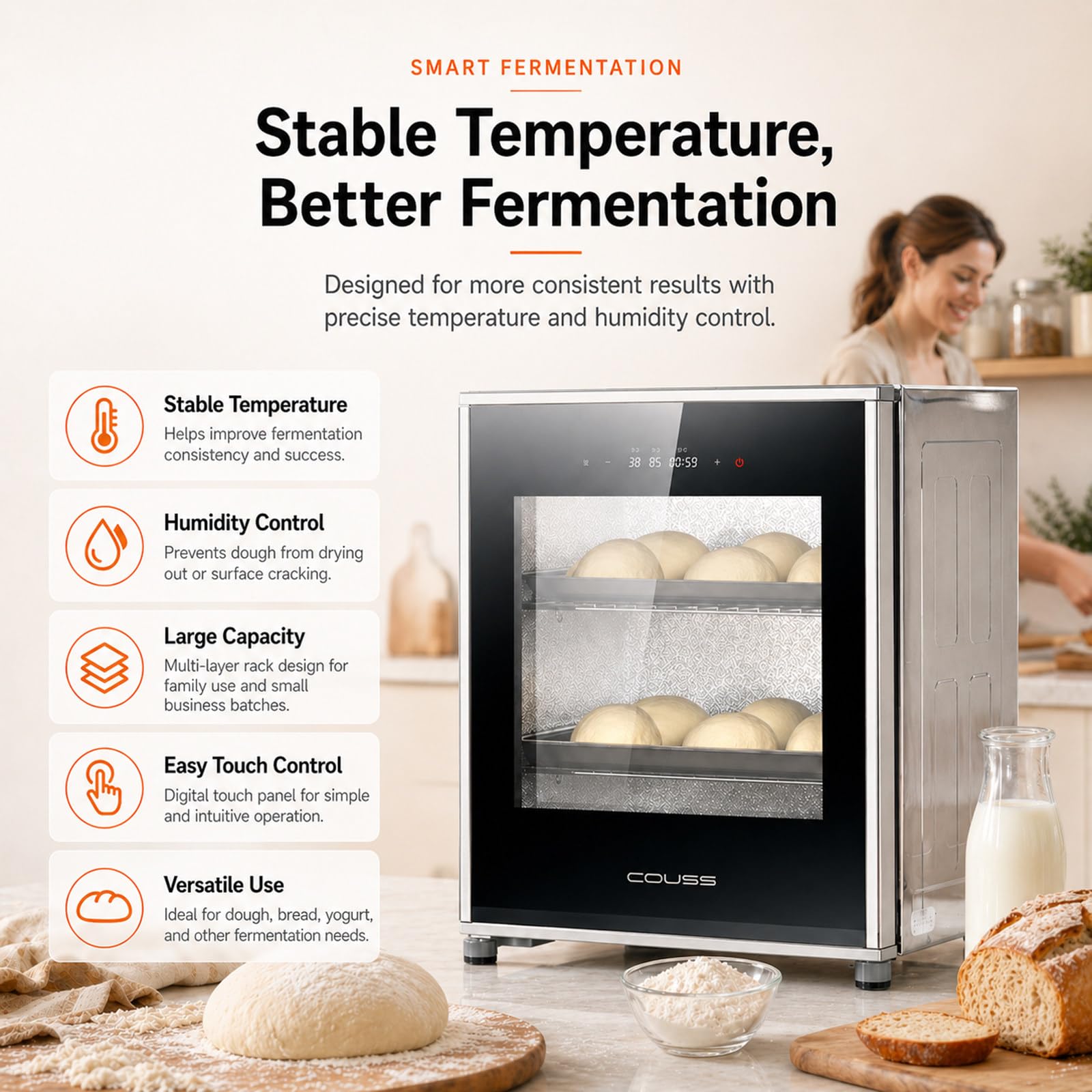 Circulación de Aire Caliente, Fermentadora de Pan 40L con Control de Temperatura y Humedad para Fermentación Uniforme de Pan, Pizza y Yogur
