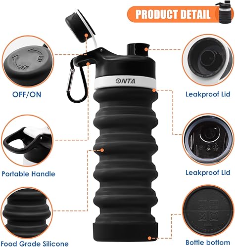 Miniatura 6 de ONTA Botella de agua plegable de silicona sin BPA, 20 onzas, portátil, a prueba de fugas, fácil de limpiar, resistente a roturas, apta para viajes