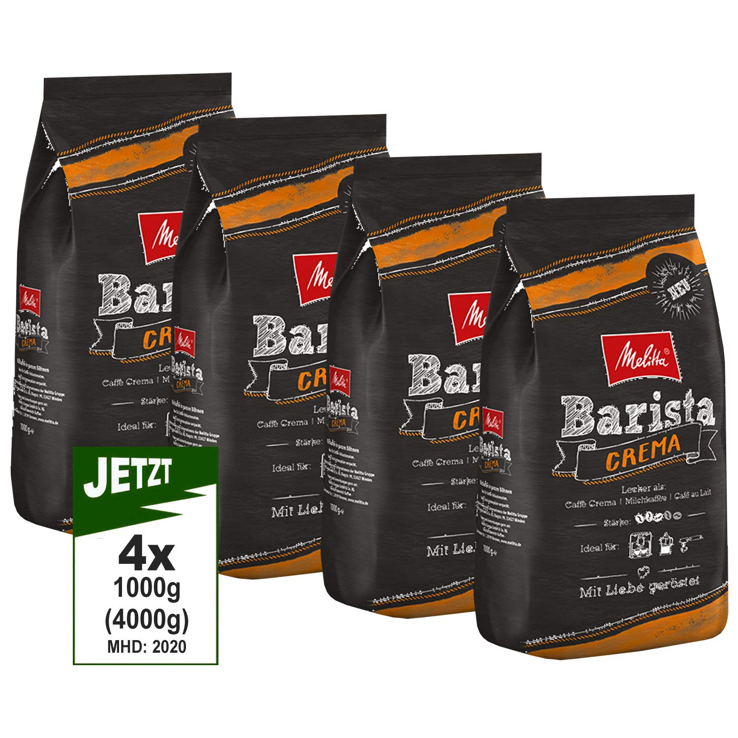 Melitta Barista Crema, Ganze Kaffeebohnen 4x 1000g (4000g) - ausgewogener, harmonischer Kaffee