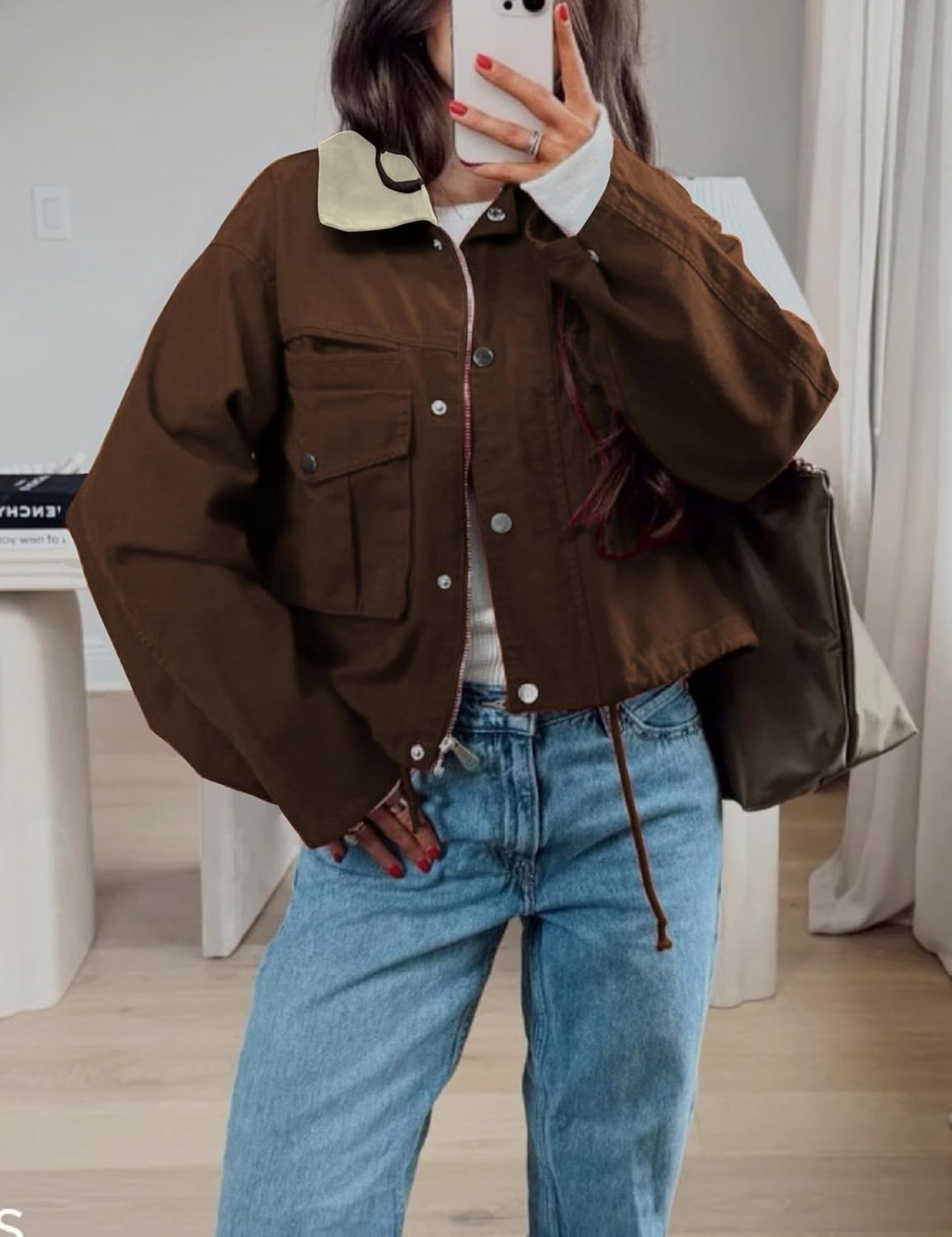 Womens Cropped Jacket Contrast Collar Utility Coat Cargo Jacket Barn Jacket Outwear with Pockets - Image 5