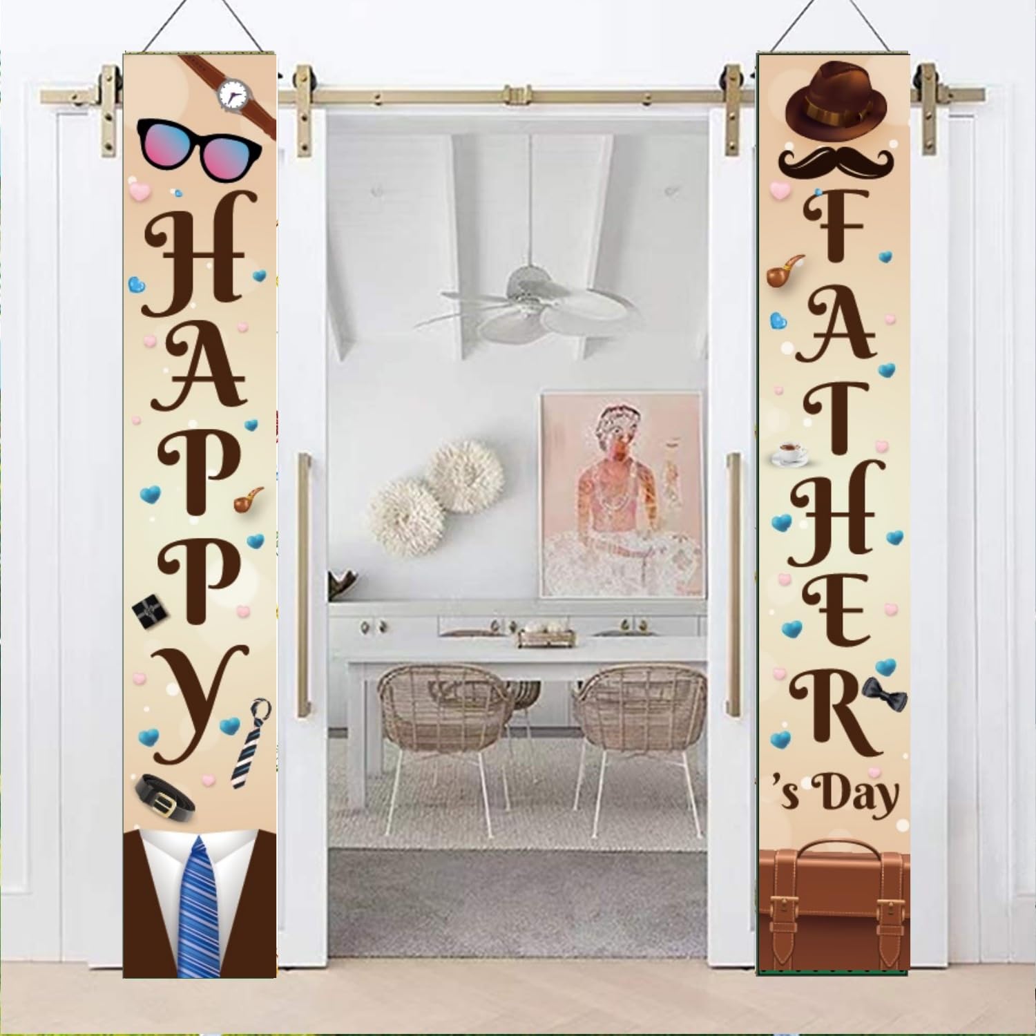 LOONELO Happy Father's Day Porch Banner 70.8" x 11.8", I Love Dad Blue Silver Glitter Door Sign, Thank You Daddy Front Door Hanging Decoration for