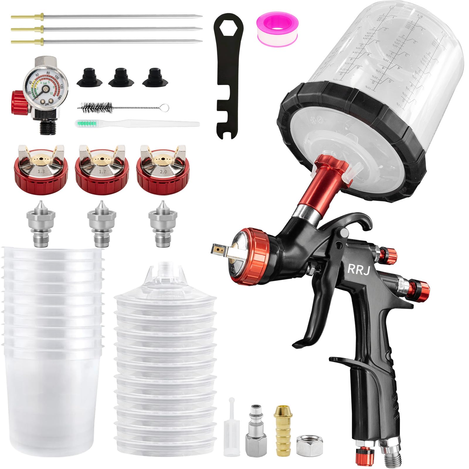 A610 LVLP - Pistola de pulverización de aire comprimido LVLP con boquillas de 1,3/1,7/2,0 mm, juego de 650 ml con 10 vasos desechables para pistolas de pintura, pistola de pintura para coches y