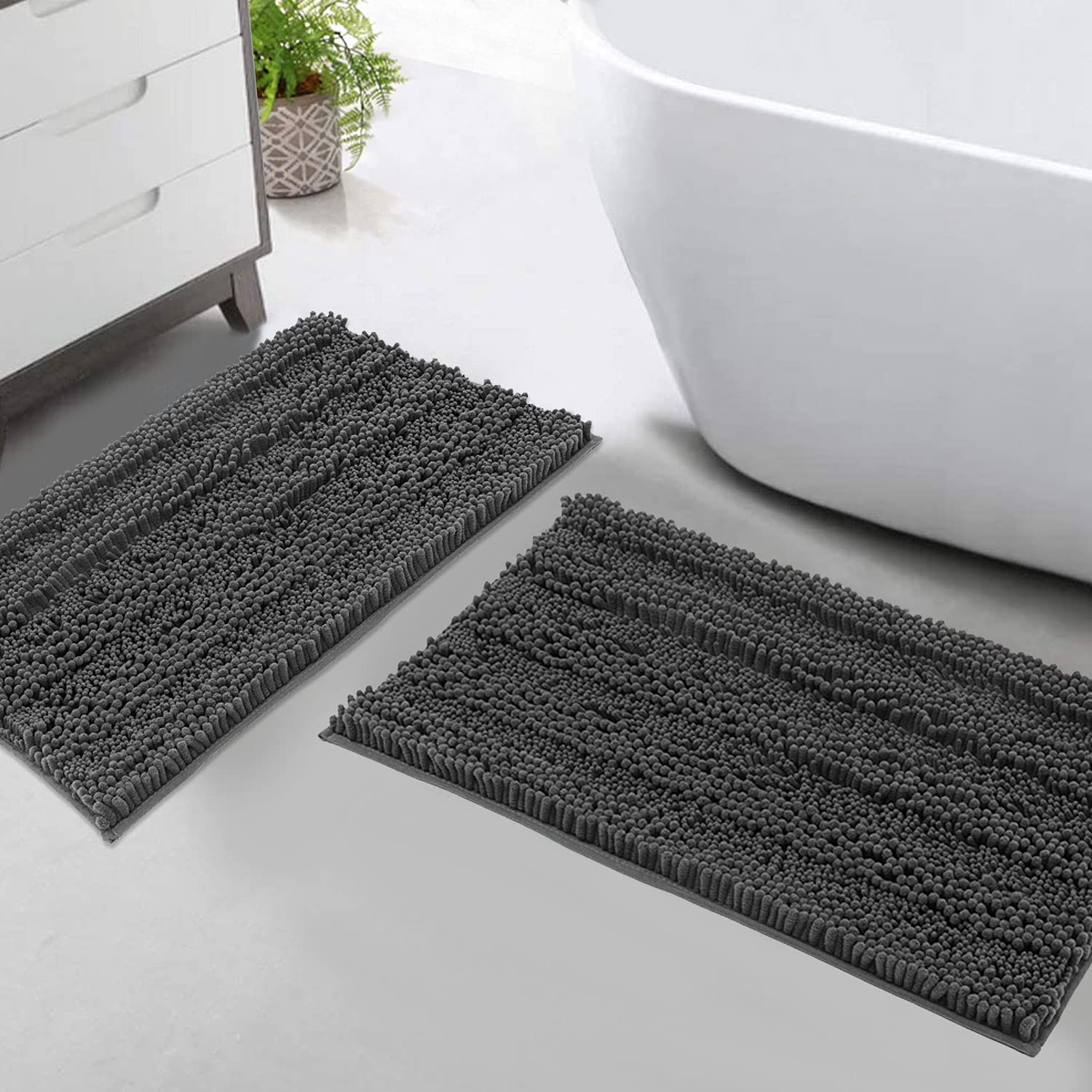 Bath Mats 2 Piece Set for Bathroom Thick Chenille Striped Bath Rug (20”32”) Extra Absorbent Fluffy Soft Machine Washable Dry Fast Bathroom Mats for Indoor Floor (Dark Gray)