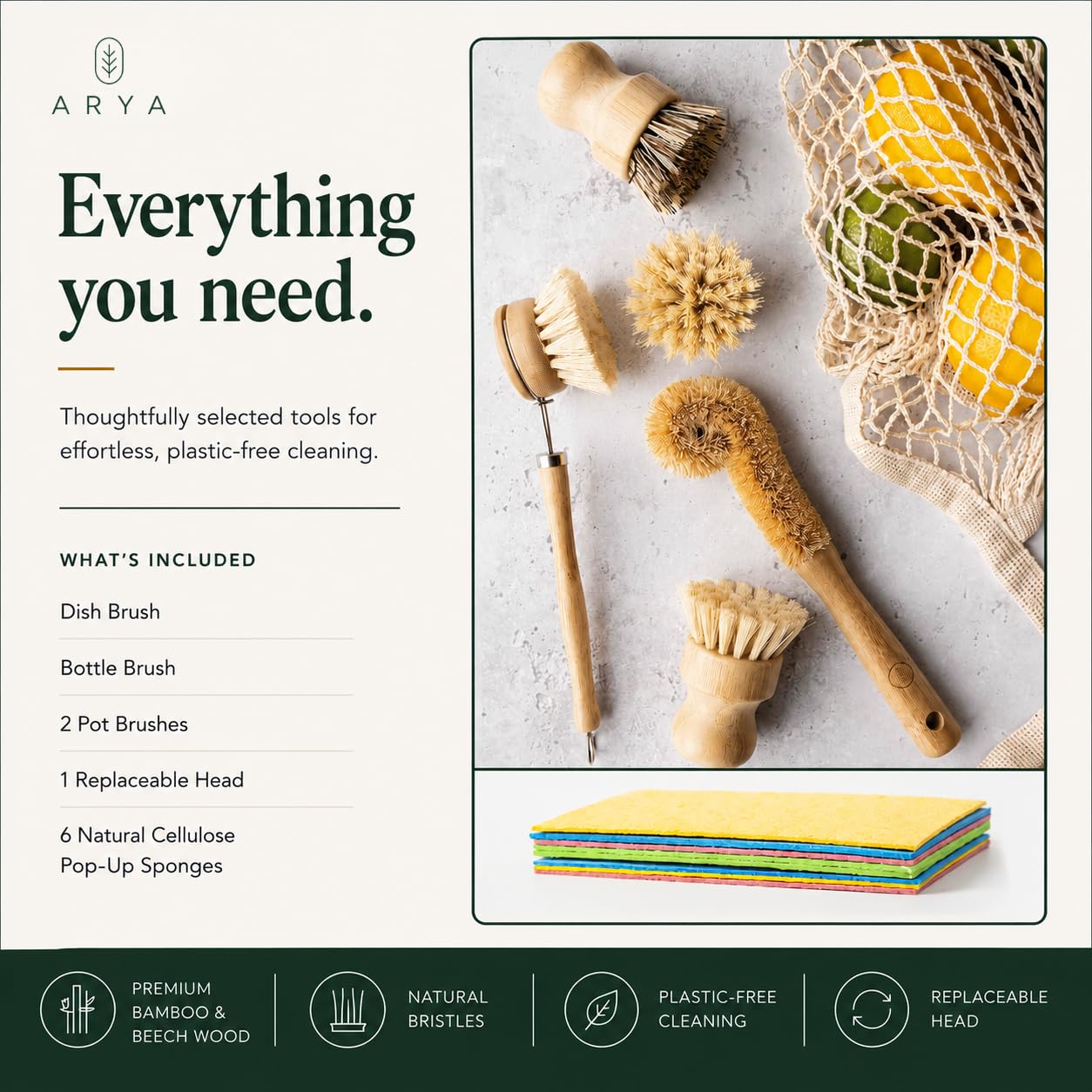 ARYA Spülbürste & Schwamm Set aus Holz - Eco Spülbürste mit austauschbarem Kopf, Flaschenreinigungsbürste, 2 Bambus-Topfbürsten & 6 natürliche Zellulose-Pop-Up-Schwämme für die Küchenreinigung