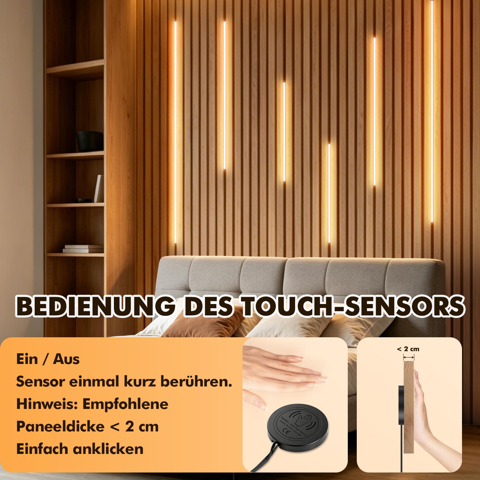 Tira de luz LED integrada para paneles acústicos, regulable, autoadhesiva, luz blanca cálida, 6 unidades con interruptor táctil, tira autoadhesiva, para paneles de pared, iluminación (40 x 2