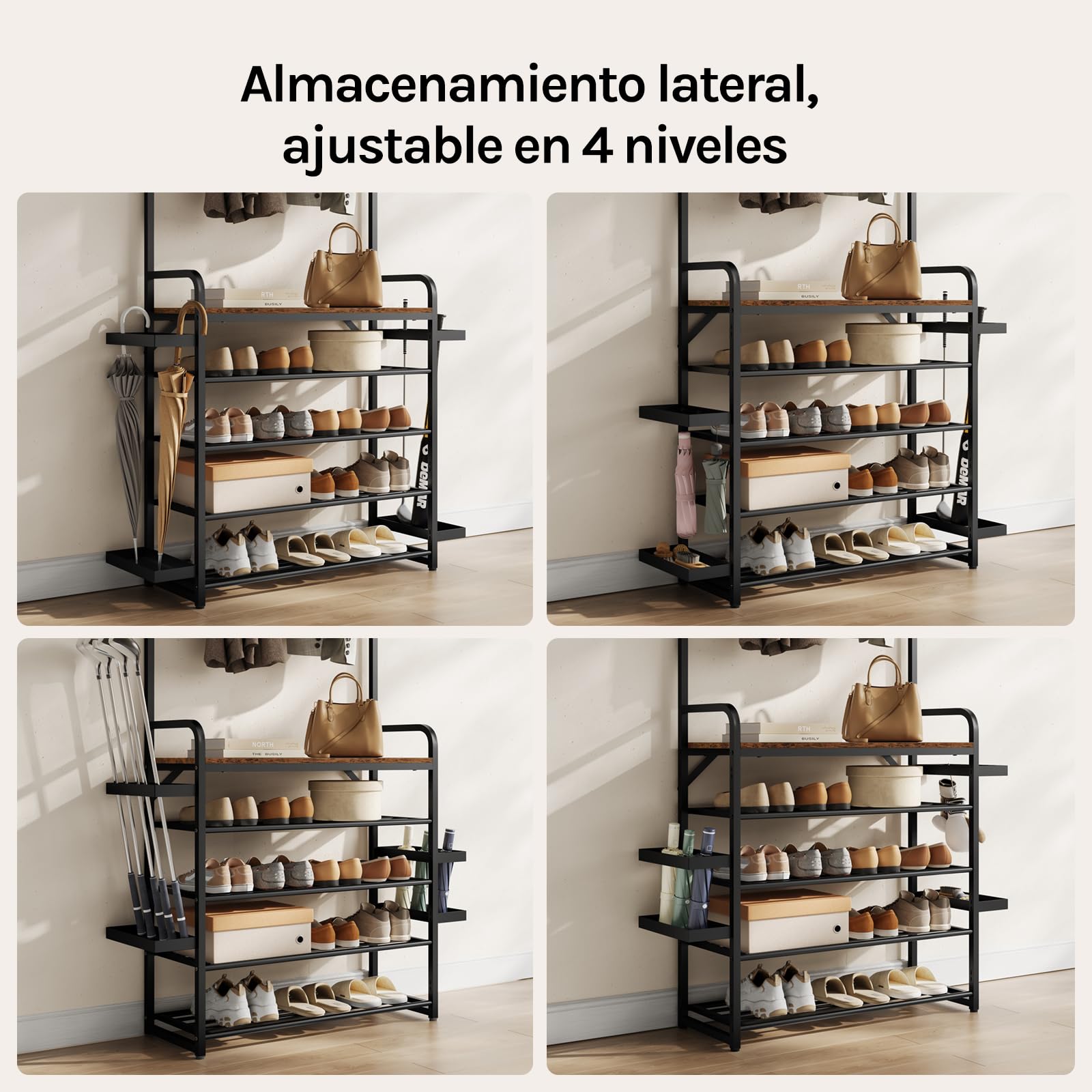 WOLTU Perchero Recibidor, Perchero Zapatero con Paragüeros, Zapatero Entrada Recibidor Moderno, 80x30x190 cm, 9 Ganchos y 4 Estantes, Estructura de Metal Duradero, Marrón Rústico + Negro