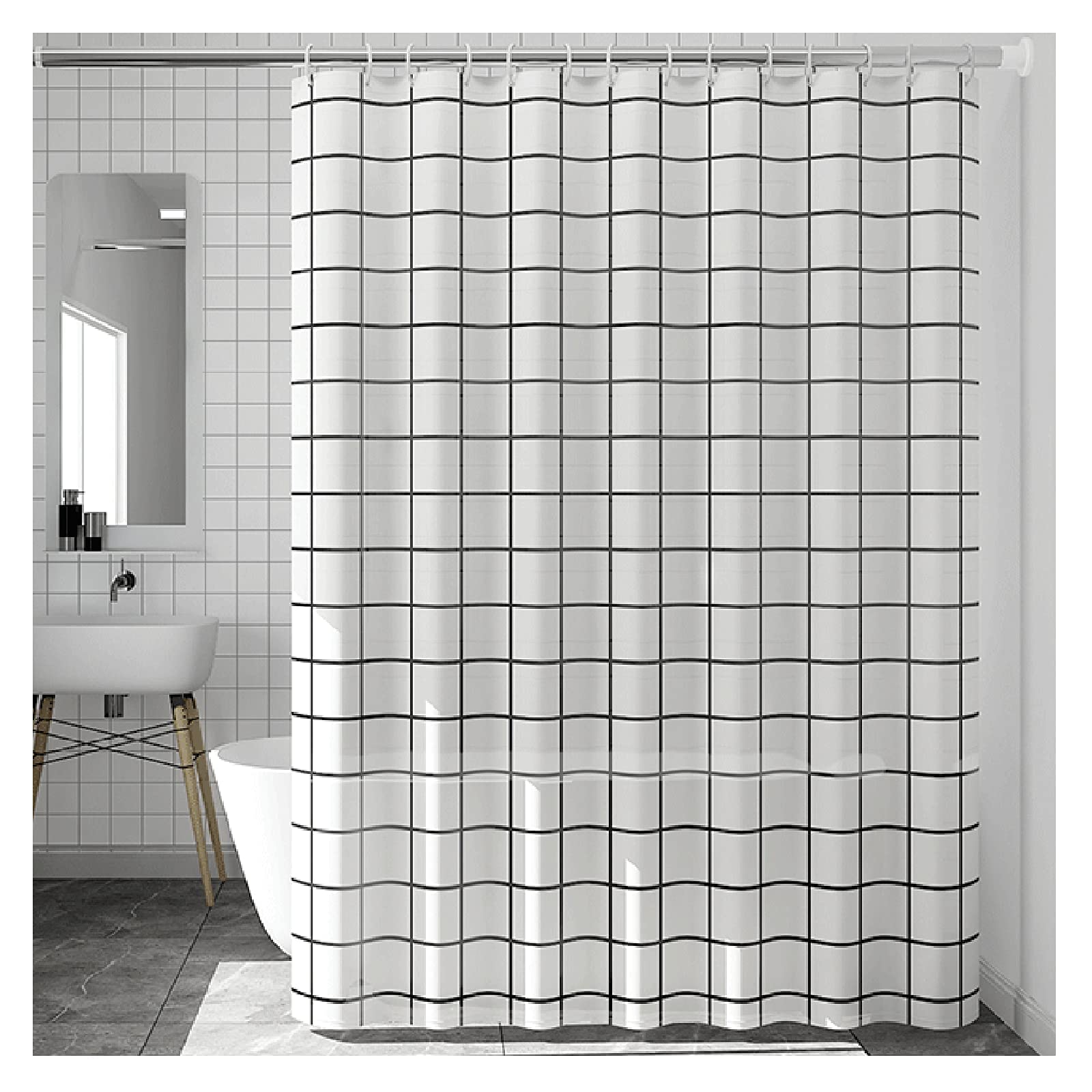 Rideau de douche extra-long 200x240cm étanche à motif treillis pour salle de bain