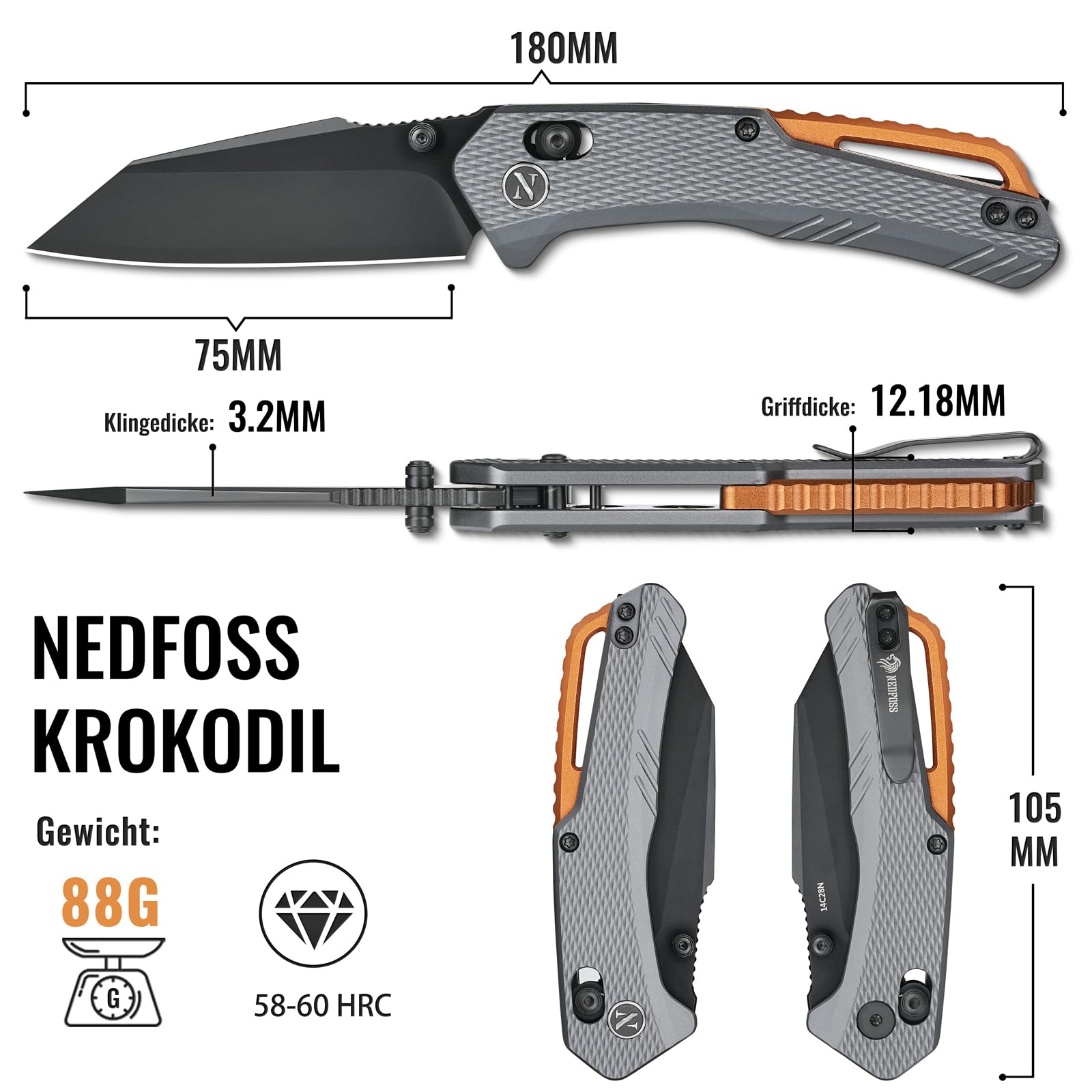 NedFoss KROKODIL couteau pliant, 14C28N acier couteau survie, Longueur lame 7.5 cm, manche aluminium avec clip ceinture, axis lock, mini couteau de poche, Revêtement en titane bronze
