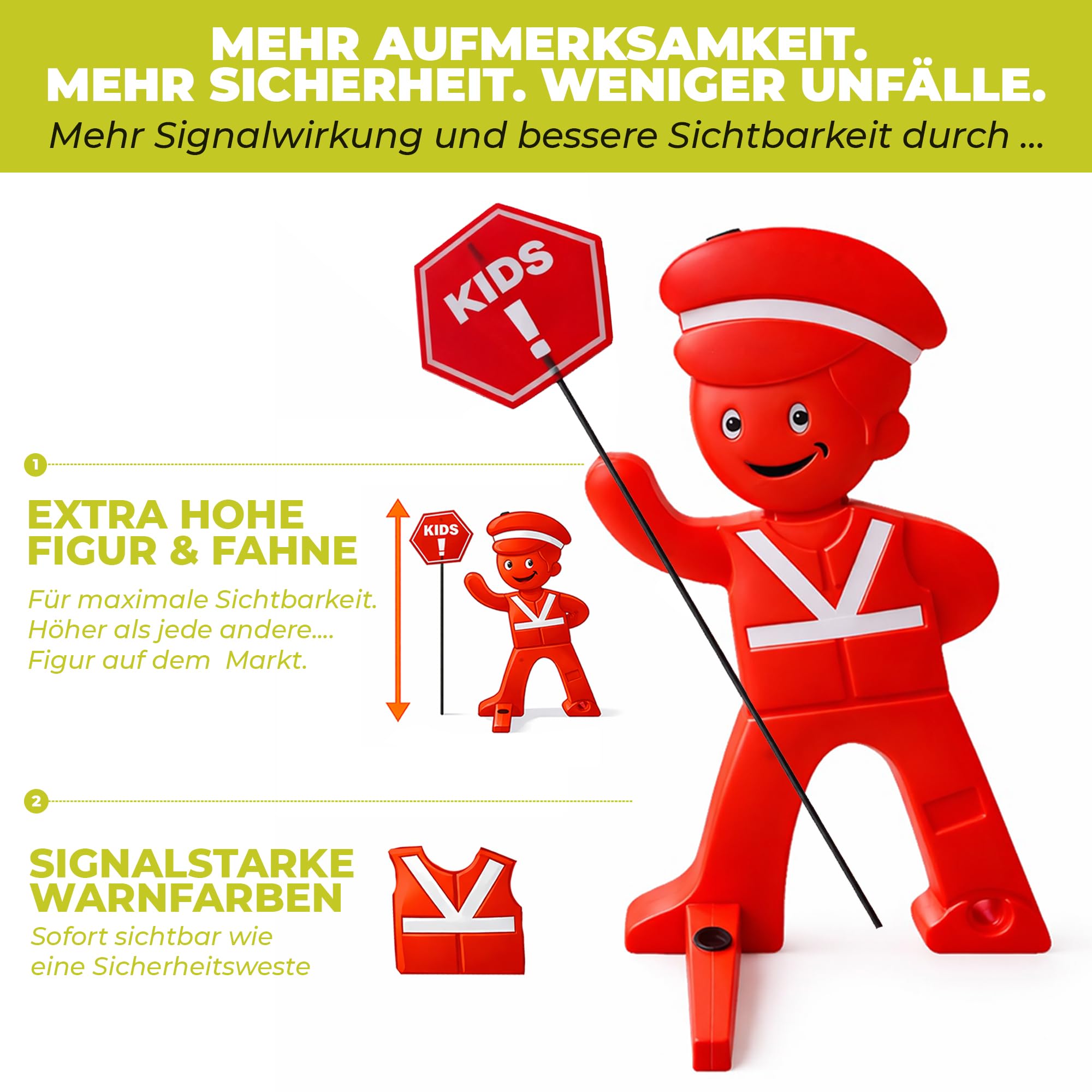 SafetyGuy Achtung Kinder Aufsteller mit Reflektoren | 120 cm Kinderwarnaufsteller mit Reflektoren, breitem Standfuß und optionalem Solarlicht für Einfahrt, Spielstraße
