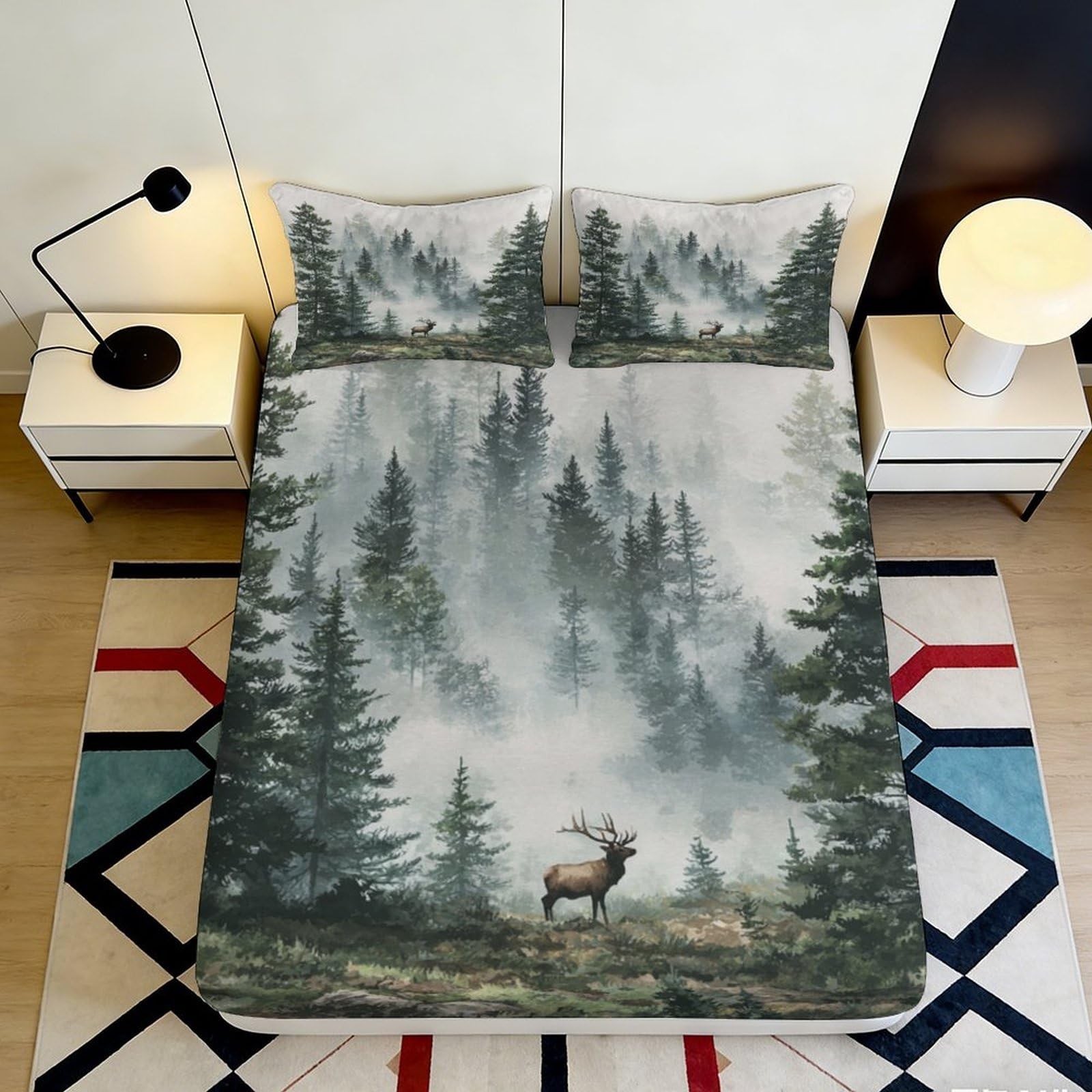 3D Printed Foggy Pine Forest Fitted Sheet Microfiber Soft Antler Deer Mattress Cover for Bedroom Decor 90x200x25cm