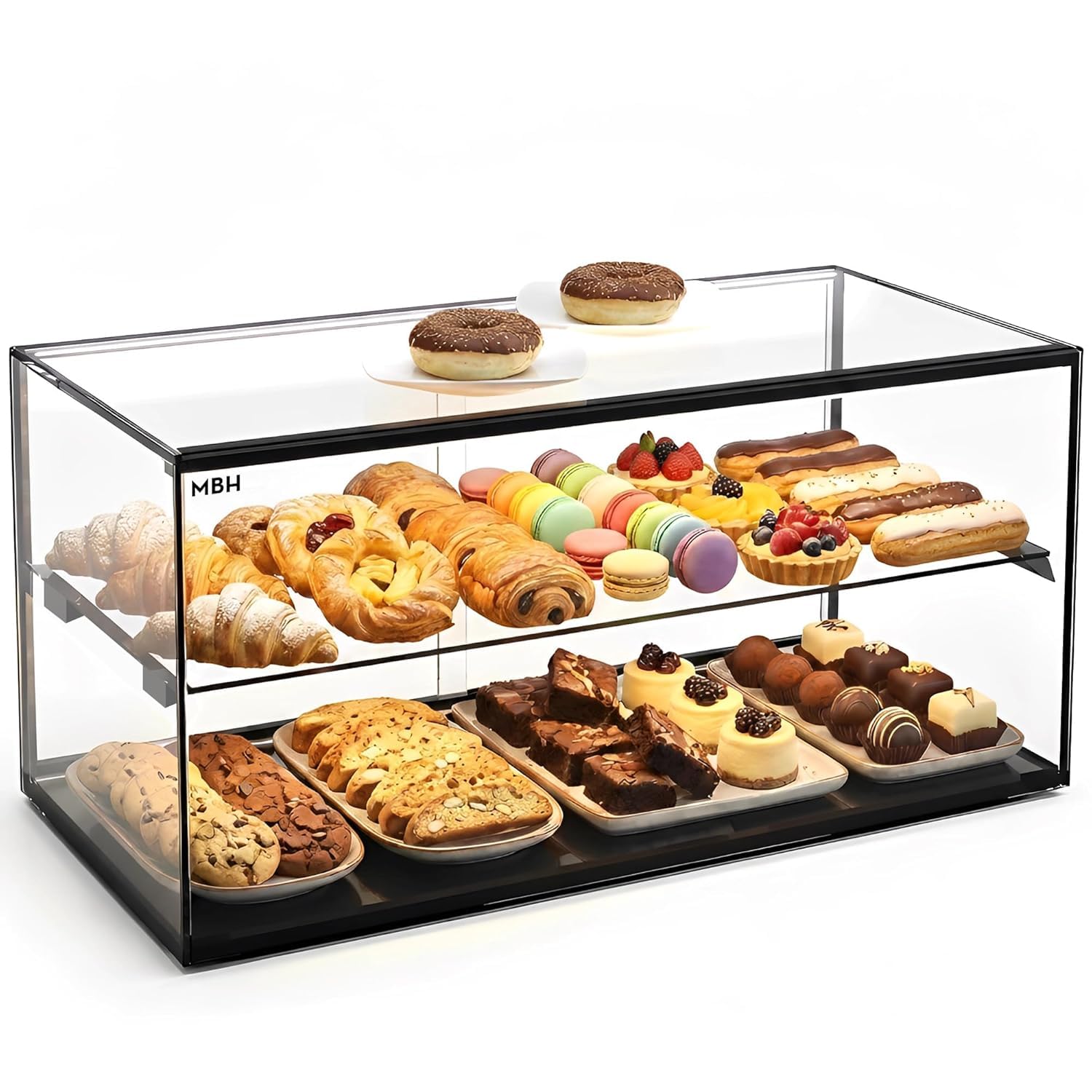 MBH - Vitrina Expositora Neutra de Sobremostrador 92x33 cm, Cristal Recto Templado, 2 Pisos, con Iluminación LED, Puertas Traseras Correderas, para Bar, Cafetería, Restaurante, Bollería y Repostería.