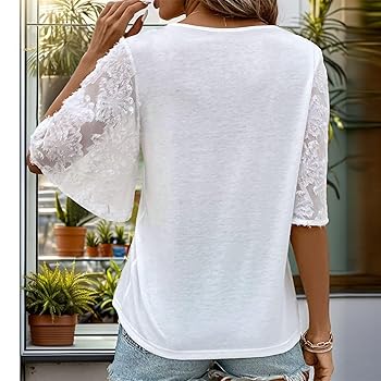 Amazon.com: Women's V Neck White Blouse Lace Bell Sleeve