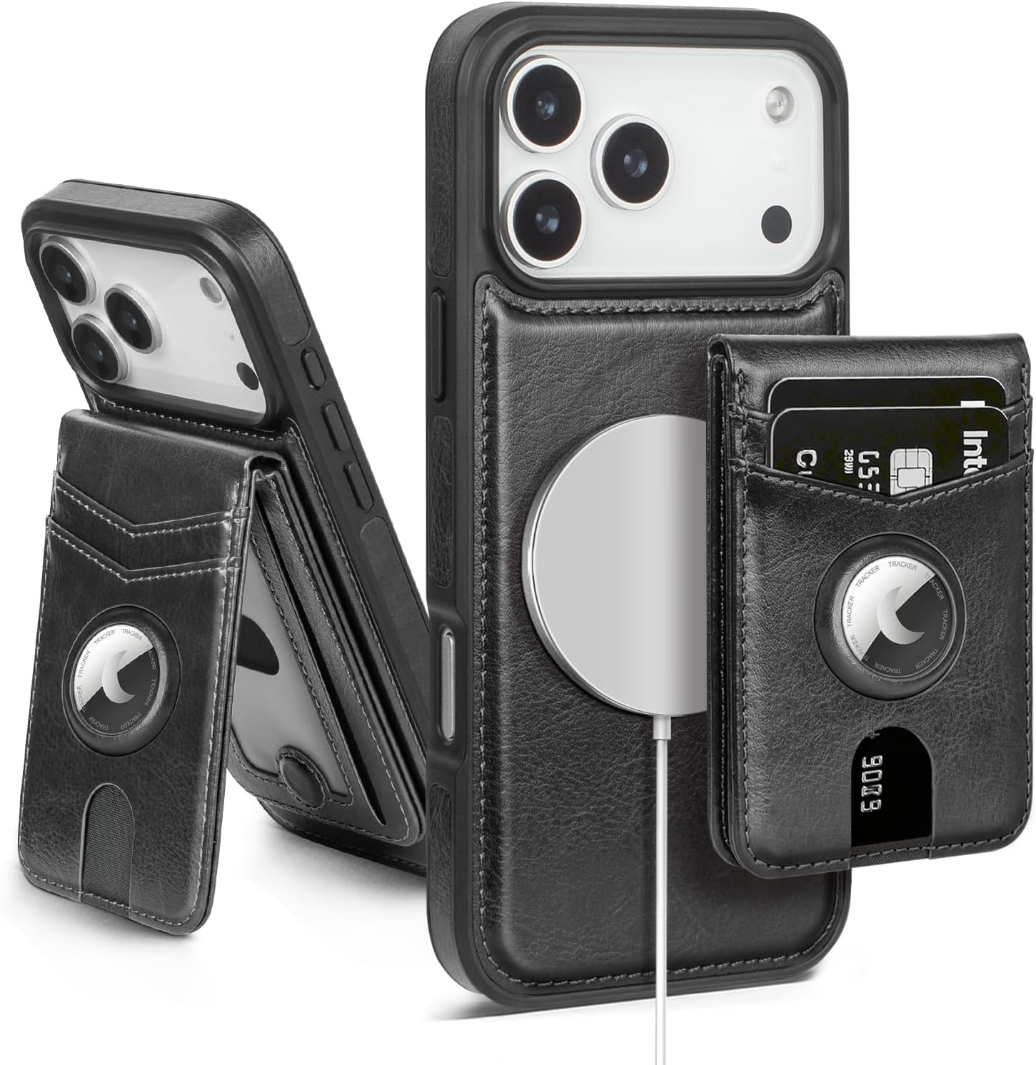 SkyEagle Compatible with MagSafe iPhone 17 Pro Max Case Wallet with AirTag Holder,2 in 1 PU Leather Magnetic Detachable RFID Blocking Credit Card Holder Flip Cover Kickstand for Men Women,Black