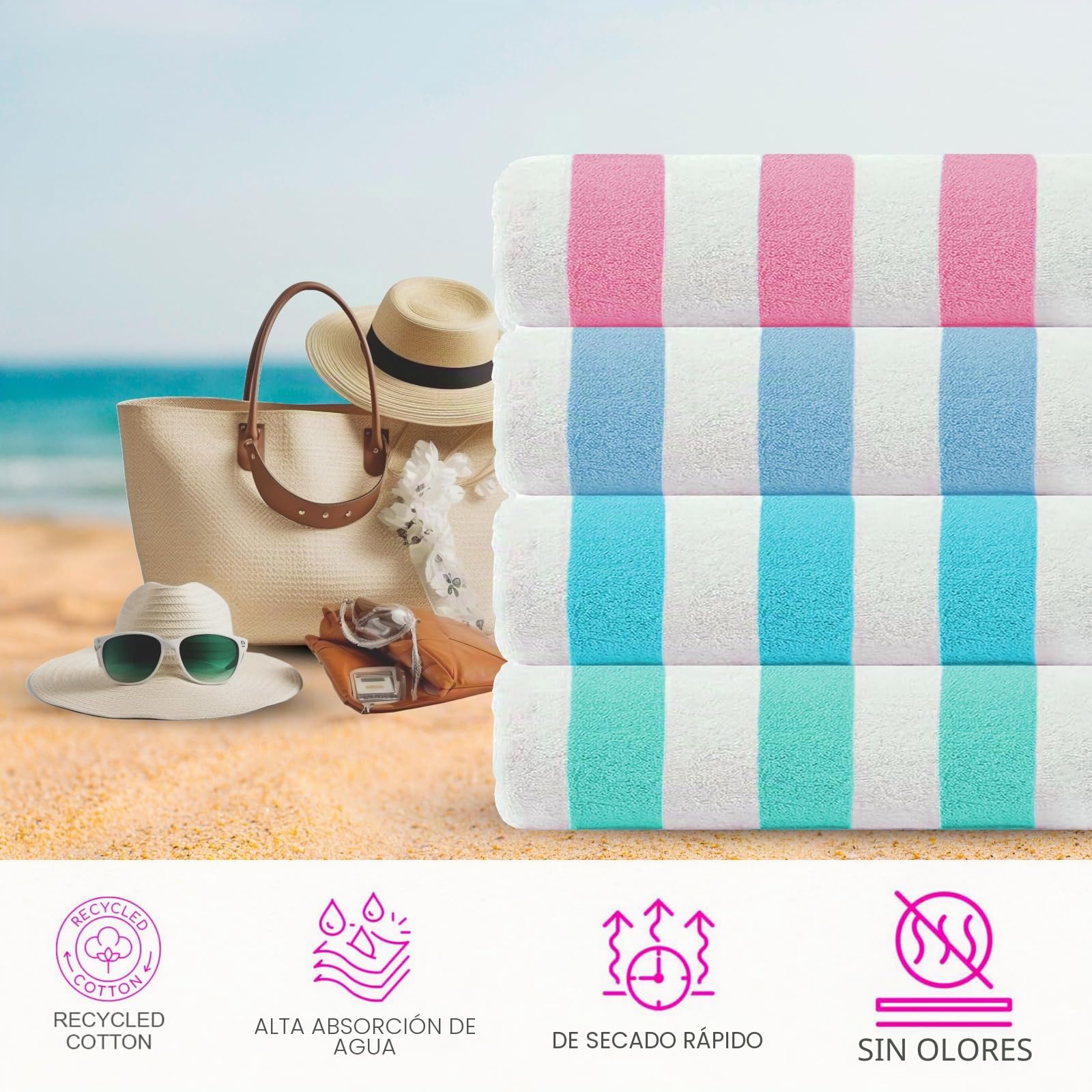Casa Copenhagen Set Regalo 4 Toallas Playa algodón, 75x150cm, Multicolor