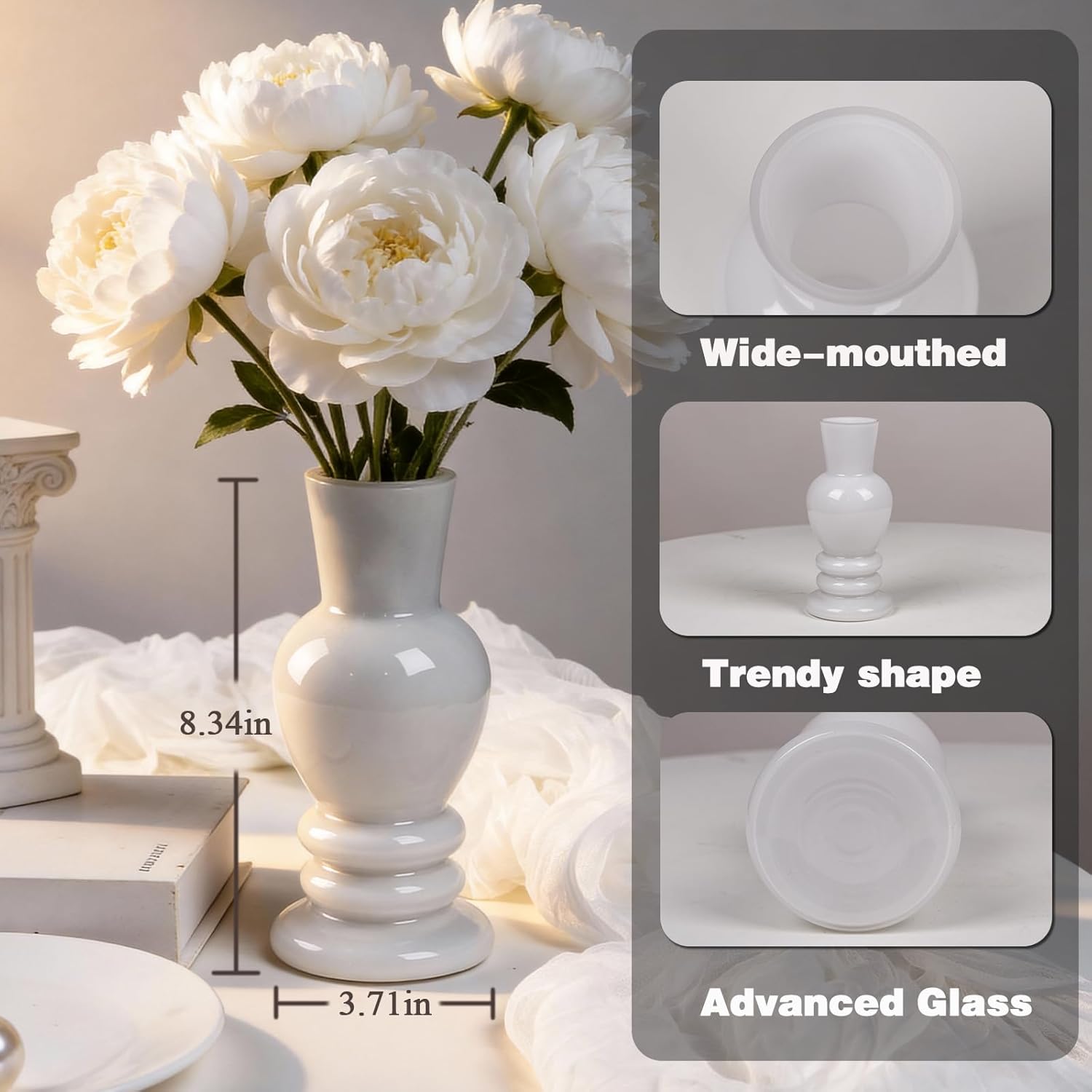 Handmade Glass Vase with Ceramic-Like Finish - 8" Roman Column Vase for Flowers Double-Layered Matte Morandi Vase for Modern Home Decor (White)