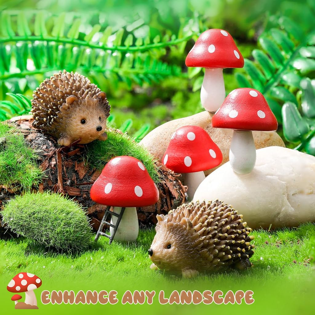 Supvox® 6Pc Miniature Garden Decor - Resin Hedgehogs & Wood Mushroom - Fairy Garden Decor - Moss Landscape Miniature Decorations - Suitable for Moss Landscape, Garden Ornaments, Flower Pots, Dollhouse - Image 5 thumbnail